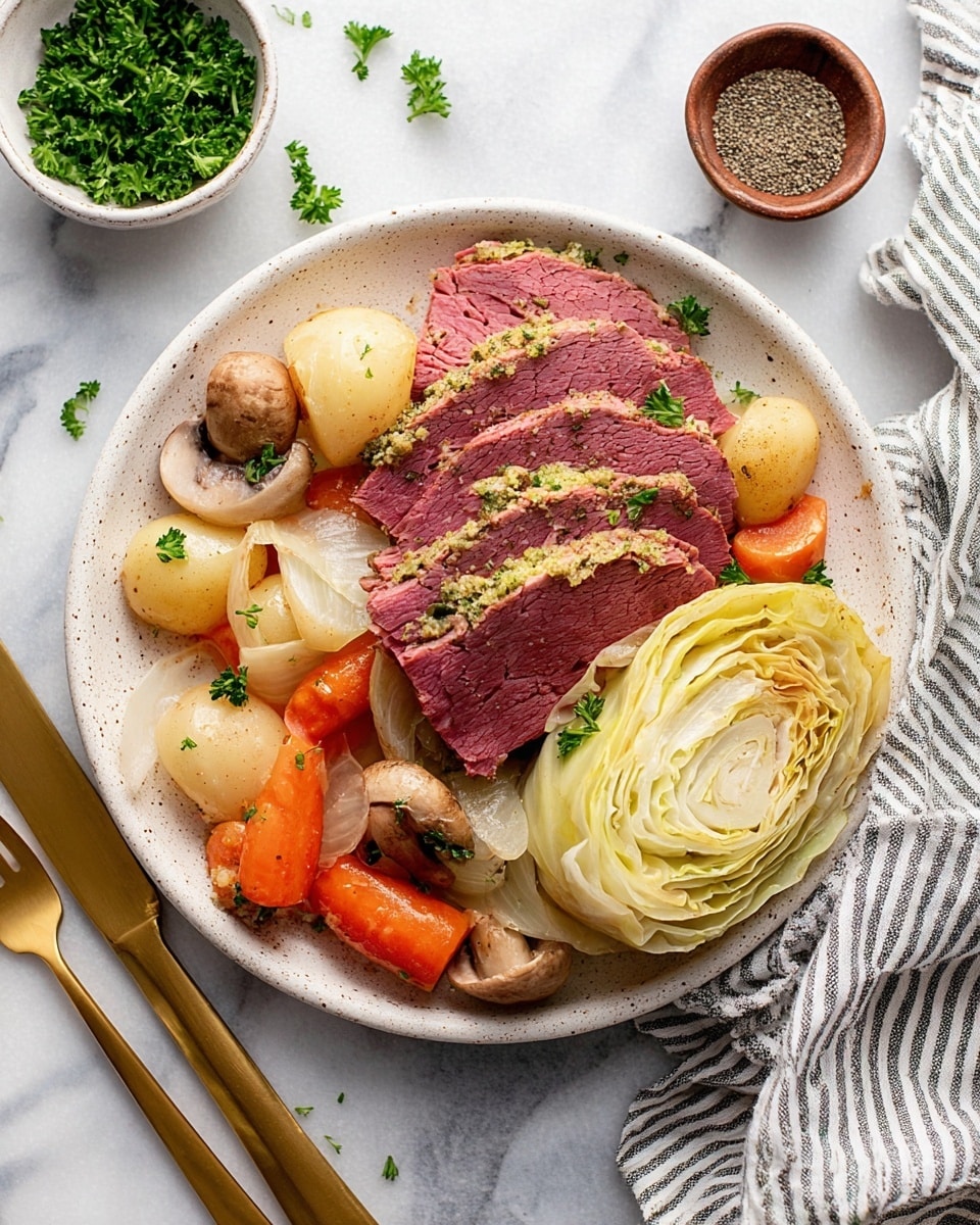 A white speckled plate holds a meal with three thick slices of pink corned beef, each with a grainy mustard crust on the edge and sprinkled with small green parsley pieces. Under and around the beef are soft, light yellow cabbage leaves with black pepper on top. On the plate’s sides are bright orange carrot chunks, whole light brown cooked mushrooms, and translucent cooked onion slices. The plate is placed on a white marbled surface with some green parsley leaves scattered nearby, along with a white striped cloth on the left and gold-colored fork and knife on the lower right. Photo taken with an iphone --ar 4:5 --v 7