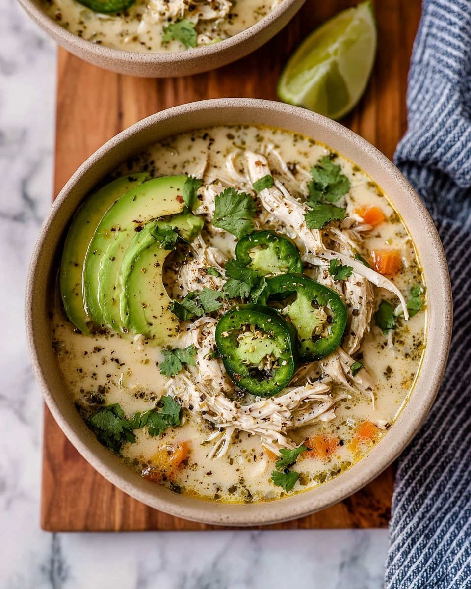 A bowl filled with a thick soup showing layers of shredded light brown chicken mixed with small orange carrot pieces and green herbs in a creamy yellow broth. On top, there are five bright green jalapeño slices arranged in a small cluster next to a smooth pale green slice of avocado with black pepper sprinkled over both. Fresh cilantro leaves are placed around, adding a pop of darker green. The bowl is white with a slight brown rim and sits on a wooden board next to a wedge of green lime and a blue and white striped fabric napkin on a white marbled surface. photo taken with an iphone --ar 4:5 --v 7