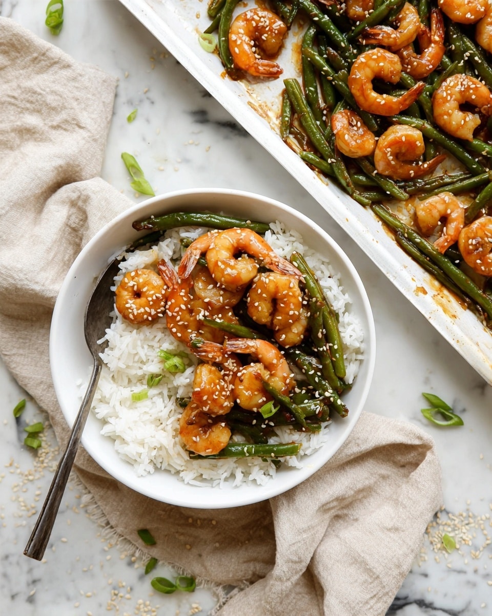 A white bowl with a layer of white rice at the bottom, topped with cooked green beans and small cooked shrimp in a glossy brown sauce, sprinkled with white sesame seeds and small green onion pieces; a metal spoon rests inside the bowl. To the side, a baking tray lined with parchment paper holds more green beans and shrimp coated in the same sauce. The setting includes a light grey cloth under the tray and bowl, a small wooden bowl with red chili flakes, and a small white dish with white sesame seeds, all placed on a white marbled surface. photo taken with an iphone --ar 4:5 --v 7