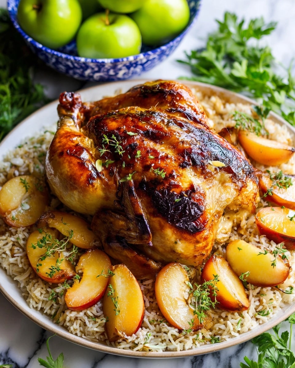 A whole roasted chicken with a golden-brown, slightly charred skin sits in the center on a white plate, laid over a bed of cooked rice that is mixed with herbs and spices. Around the chicken, there are several slices of cooked peaches or nectarines with a light caramelized texture and small green herb leaves sprinkled on top. Inside the chicken, visible through the opening, are whole cloves of soft, roasted garlic and sprigs of fresh thyme. In the background, a white marbled surface supports a blue and white bowl filled with green apples and some green apples are scattered around next to sprigs of fresh parsley. Photo taken with an iphone --ar 4:5 --v 7
