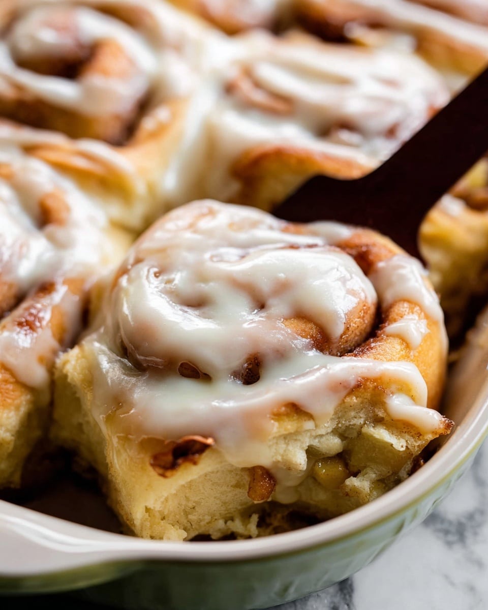 The image shows a close-up of a group of cinnamon rolls in a white dish, each roll having two main visible layers: a golden-brown, slightly crispy outer dough layer and a soft inner dough layer with swirls of cinnamon and small soft apple pieces that add texture. On top of each roll, there is a thick, shiny layer of white icing, creamy and smooth, draping over the edges and filling the swirled spaces. A dark brown knife is placed in the top right corner, partially inserted into one of the rolls, and the whole setup is on a white marbled surface. photo taken with an iphone --ar 4:5 --v 7
