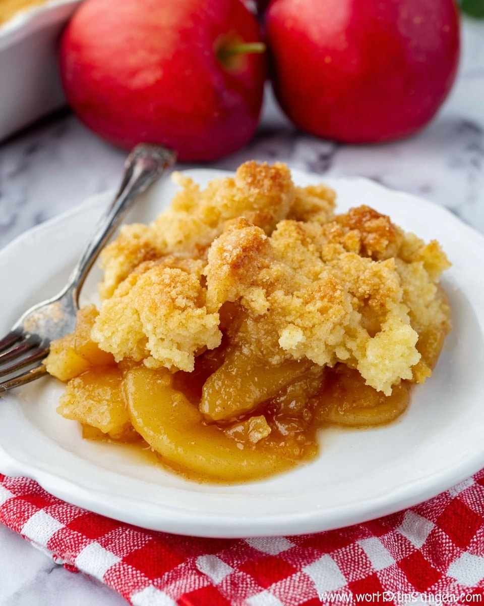 A white plate holds a serving of apple cobbler with two layers: the bottom layer is soft, glossy, golden cooked apple slices, and the top layer is a rough, crumbly, golden brown baked crust broken into pieces unevenly spread over the apples. The plate sits on a white marbled surface with a red and white checkered cloth beneath it, and two red apples are blurred in the background. A silver fork rests on the left side of the plate. photo taken with an iphone --ar 4:5 --v 7