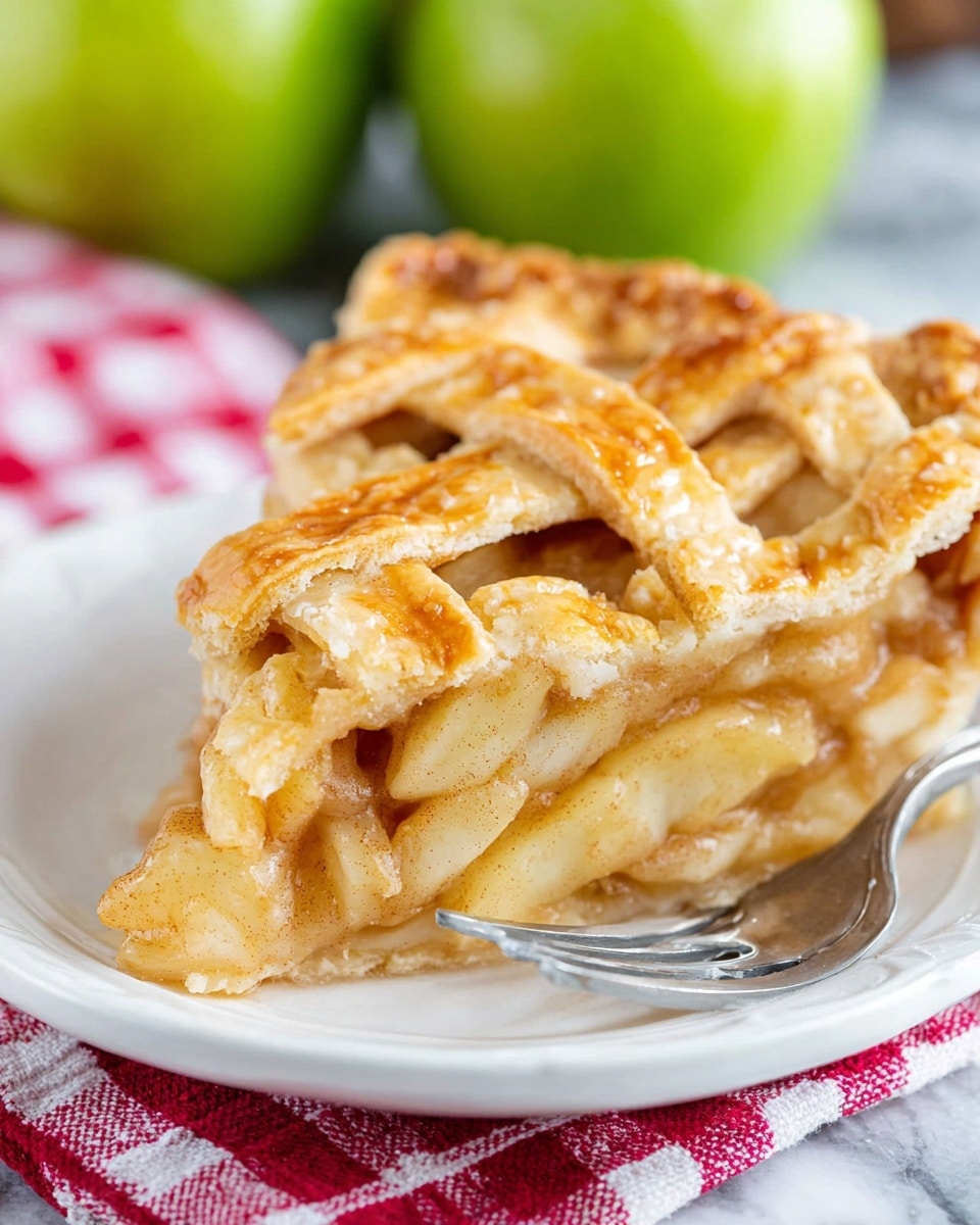A close-up of a slice of apple pie on a white plate shows three main layers: the top lattice crust is light golden brown with a flaky texture, arranged in a crisscross pattern; beneath it, thinly sliced apple pieces mixed with cinnamon fill the middle layer, looking soft and juicy with a pale yellow and light brown color; the bottom crust is slightly thicker, golden and flaky, holding the filling. A silver fork rests on the plate near the pie. The plate is on a red and white checkered cloth, and two whole green apples are blurred in the background on a white marbled surface. Photo taken with an iphone --ar 4:5 --v 7