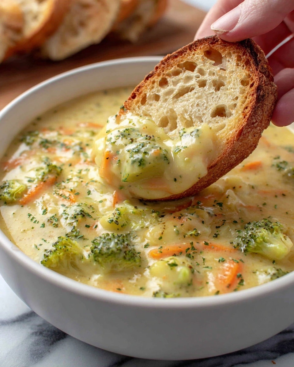 A white bowl filled with creamy soup that has a thick texture with small green broccoli pieces and thin orange carrot strips mixed in; the soup is light yellow with green and orange specks throughout. Near the bowl, a woman's hand is holding a toasted white bread slice with a golden brown crust. The bread has a rough texture with many air holes and is topped with a scoop of the creamy soup, showing the same colors and texture. The background has a blurred look with a white marbled surface under the bowl. Photo taken with an iphone --ar 4:5 --v 7