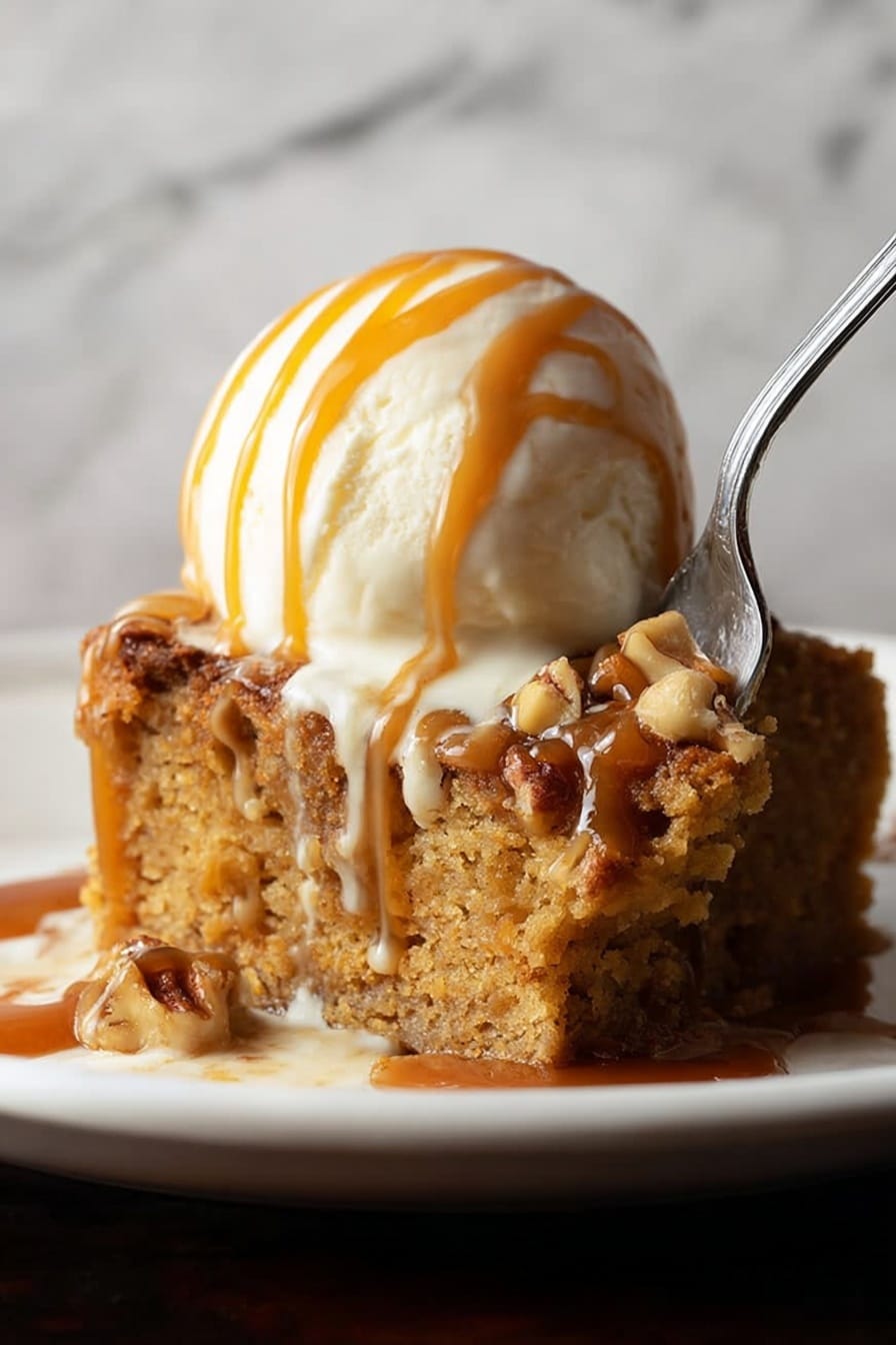 A white plate holds a warm slice of golden brown cake with a soft and crumbly texture, topped with a smooth, round scoop of creamy white vanilla ice cream. Light brown caramel sauce drips down from the ice cream and pools on the cake below. A silver fork is gently pressing into the cake's side, lifting a piece that is covered with a bit of caramel sauce. The background shows a dark, blurry setting, and the surface beneath the plate is a white marbled texture. photo taken with an iphone --ar 4:5 --v 7