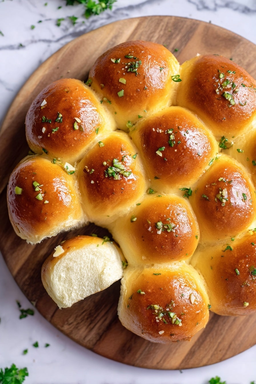 The image shows a circle of eight golden brown soft bread rolls with a shiny surface on a wooden board. Each roll is topped with small bits of green herbs, and one bread roll is pulled away slightly to show its fluffy, light interior. The background is a white marbled surface with scattered green herb bits around the board. photo taken with an iphone --ar 4:5 --v 7