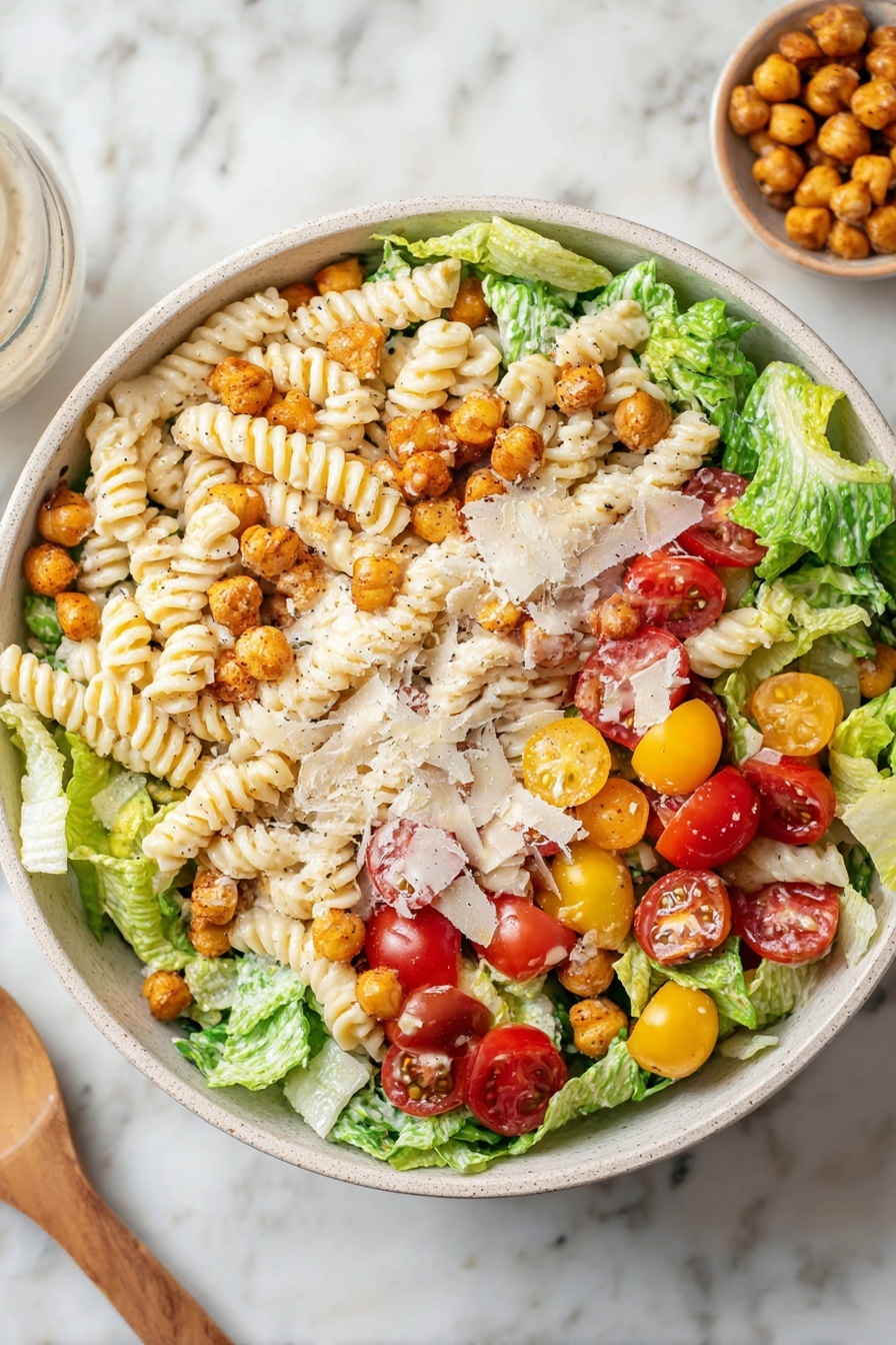 The image shows two white bowls filled with a colorful pasta salad placed on a white marbled surface. The salad has four layers visible: the base layer is fresh green lettuce leaves, the second layer includes light yellow spiral pasta mixed with halved red and yellow cherry tomatoes, the third layer has scattered small golden brown roasted chickpeas, and the top layer is sprinkled with light, shredded cheese. Around the bowls, there are small dishes containing roasted chickpeas and grated cheese, along with a glass of water with lemon slices and a half lemon placed nearby. Photo taken with an iphone --ar 4:5 --v 7
