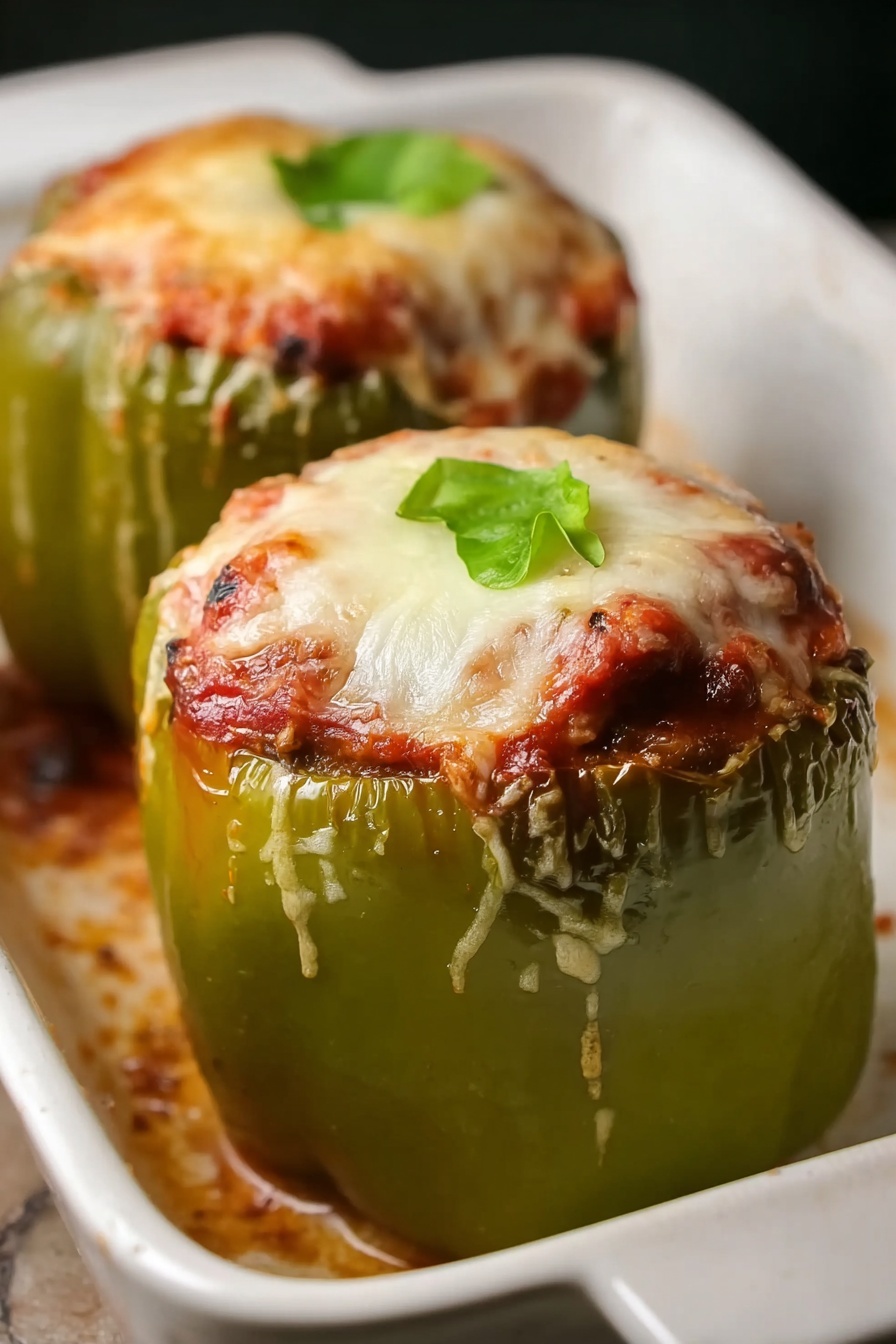 The image shows a white ceramic baking dish with two stuffed bell peppers inside, placed on a black wire cooling rack over a white marbled surface. Each pepper is covered with a thick layer of melted, browned cheese that forms a golden-brown crust with some darker spots around the edges. The peppers are sitting in a layer of melted cheese and tomato sauce that has bubbled and slightly burnt around the sides of the baking dish, creating a contrast of deep brown and red colors against the white dish. Photo taken with an iphone --ar 4:5 --v 7