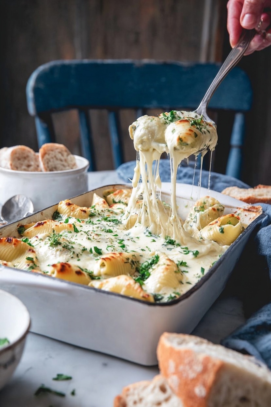 A dark blue baking dish holds two layers of stuffed pasta shells coated with a thick, creamy white cheese sauce, sprinkled with bright green chopped herbs. The top layer looks melted and slightly browned with strings of cheese stretching as a vintage metal spoon with a green handle lifts a few pasta shells. The baking dish sits on a wooden table, surrounded by crusty light brown bread rolls and a small white bowl with a spoon. In the background, there is a worn blue chair and a white marbled surface. A woman's hand grips the spoon, lifting the pasta shells photo taken with an iphone --ar 4:5 --v 7