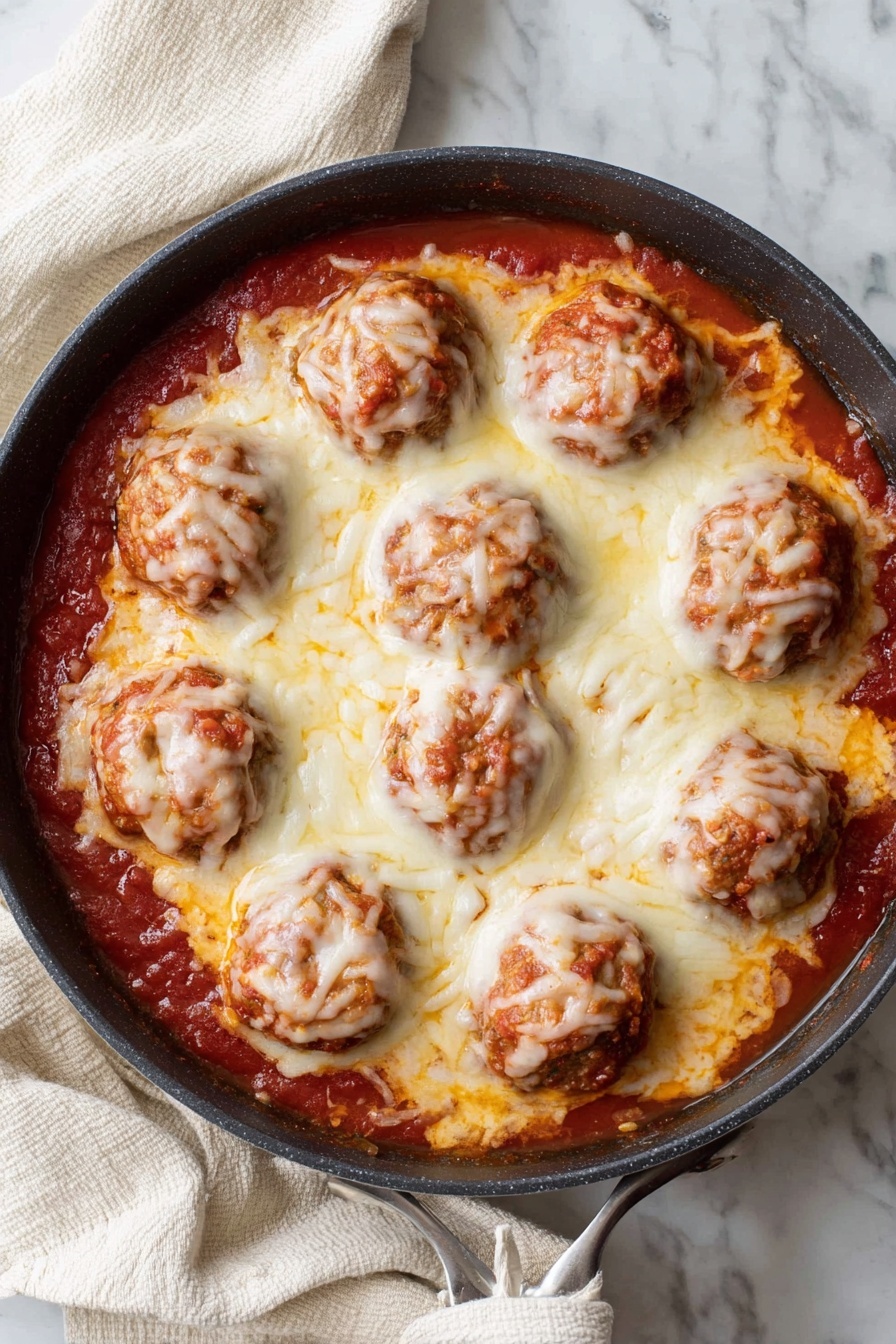 The image shows a white speckled bowl filled with three meatballs covered in red tomato sauce with melted white cheese on top. One meatball is bitten into, revealing a light brown, finely textured inside. The sauce looks thick and chunky, spreading around the meatballs. A silver fork rests in the bowl near the edge. In the foreground, there is a blurred metal bowl filled with shredded white cheese, and in the background, part of another white dish with more sauce is visible. The scene is set on a white marbled surface. photo taken with an iphone --ar 4:5 --v 7