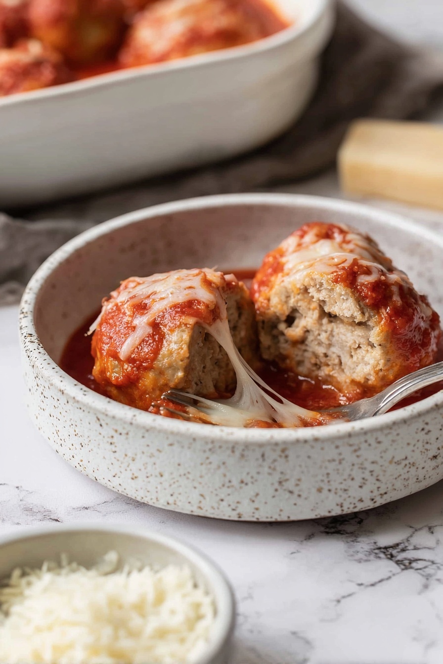 A white bowl holds a base layer of plain, light yellow cooked spaghetti noodles, topped with a thick layer of chunky red tomato sauce. On top, there are three large round meatballs covered in melted, slightly browned cheese with a few thin strings of shredded cheese scattered on them. The bowl is set on a white marbled surface with a small gray bowl filled with shredded cheese nearby. Photo taken with an iphone --ar 4:5 --v 7