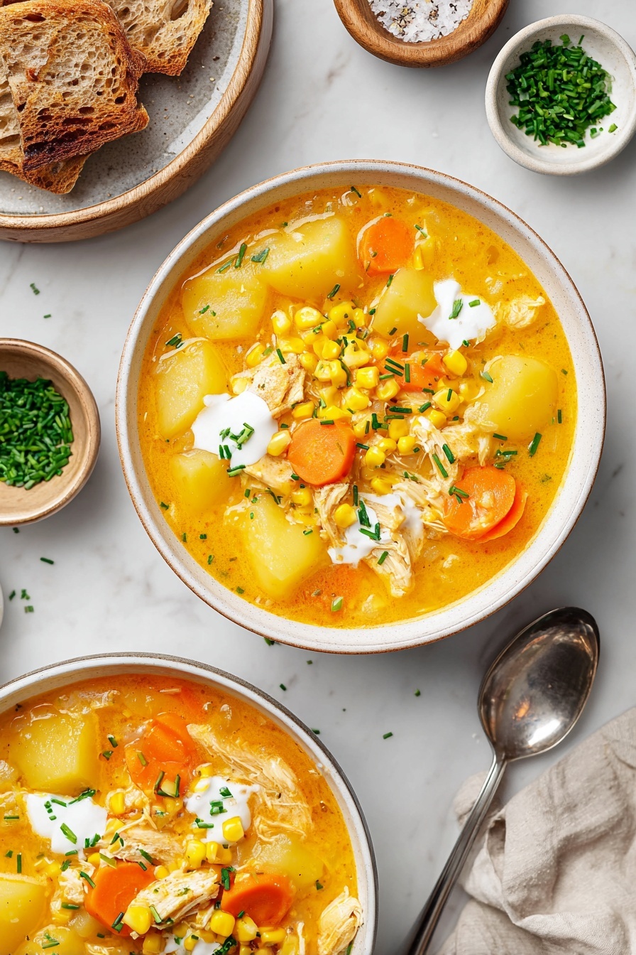A white bowl filled with thick yellow soup layered with visible pieces of orange carrot slices, light yellow potato chunks, and yellow corn kernels. The soup has white cream drizzled on top with a sprinkle of chopped green chives and small black pepper specks. Nearby, there is a stack of toasted brown bread on a white plate and small white bowls holding extra corn and green chives. A silver spoon rests beside the bowl on a white marbled surface with a striped cloth nearby. Photo taken with an iphone --ar 4:5 --v 7