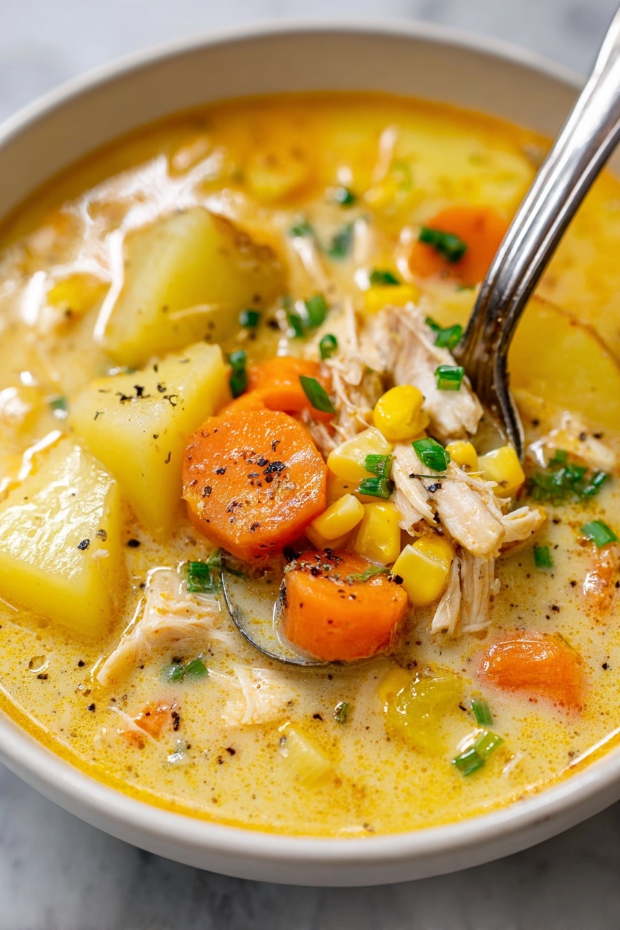 A white bowl filled with creamy yellow soup showing soft pieces of yellow potatoes, orange carrot slices, bits of corn, and shredded light chicken in a rich broth. The soup is topped with small green chive bits and black pepper flakes. A silver spoon lifts some soup, holding chunks of potato, chicken, corn, and carrot. The background surface is white marble, and there is a swirl of cream adding white accents throughout the soup. photo taken with an iphone --ar 4:5 --v 7