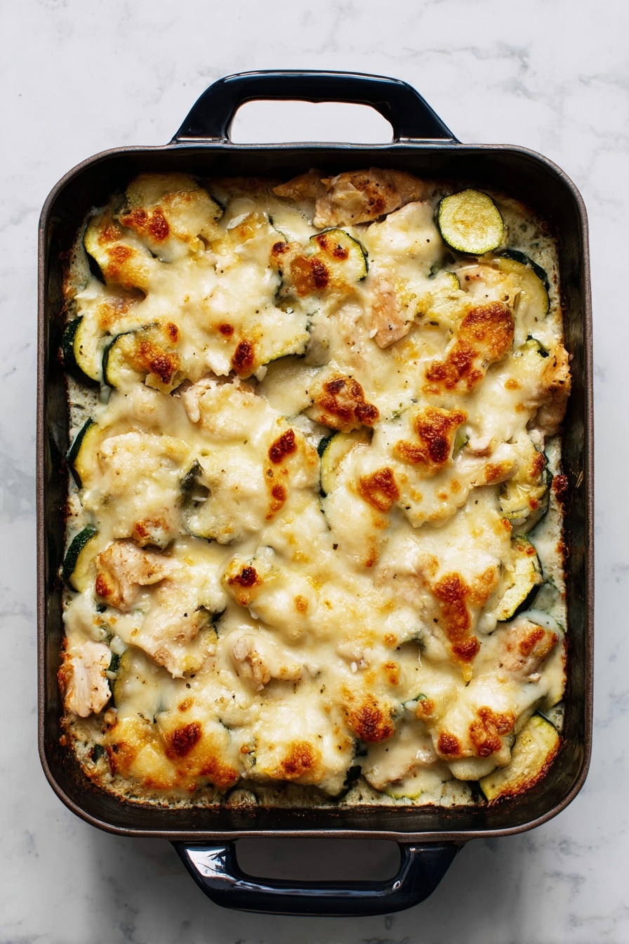 The image shows a black plate with two layers of food: the bottom layer is white pieces of cooked chicken and greenish slices of zucchini, both mixed evenly. The top layer is melted pale yellow cheese with some brown spots, stretched slightly as a black fork lifts some food from the plate. There are small black pepper bits sprinkled on top and some grated cheese scattered on the wood surface next to the plate. Part of a white baking dish with the same food is visible in the top left corner, resting on a wooden table with a gray cloth in the upper right background. Photo taken with an iphone --ar 4:5 --v 7
