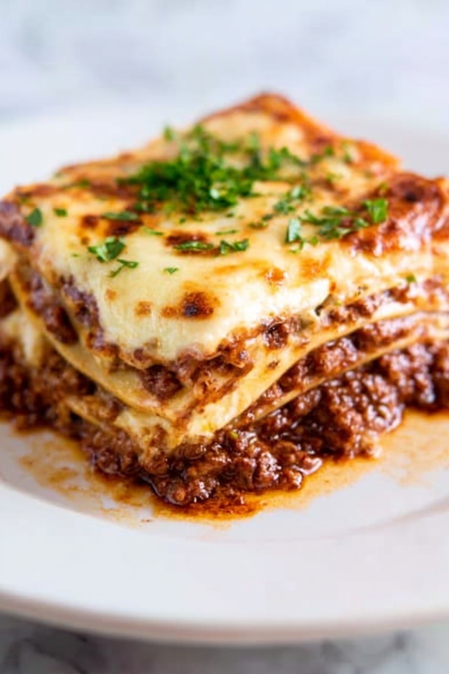 A close-up view of a lasagna slice with four visible layers: the bottom layer is soft pasta with a thick, rich brown meat sauce, the next layer is smooth white cheese melted evenly, followed by another layer of pasta, and topped with a golden-brown melted cheese layer with small green herb pieces sprinkled on top. The lasagna is placed on a white plate, set on a white marbled surface. photo taken with an iphone --ar 4:5 --v 7