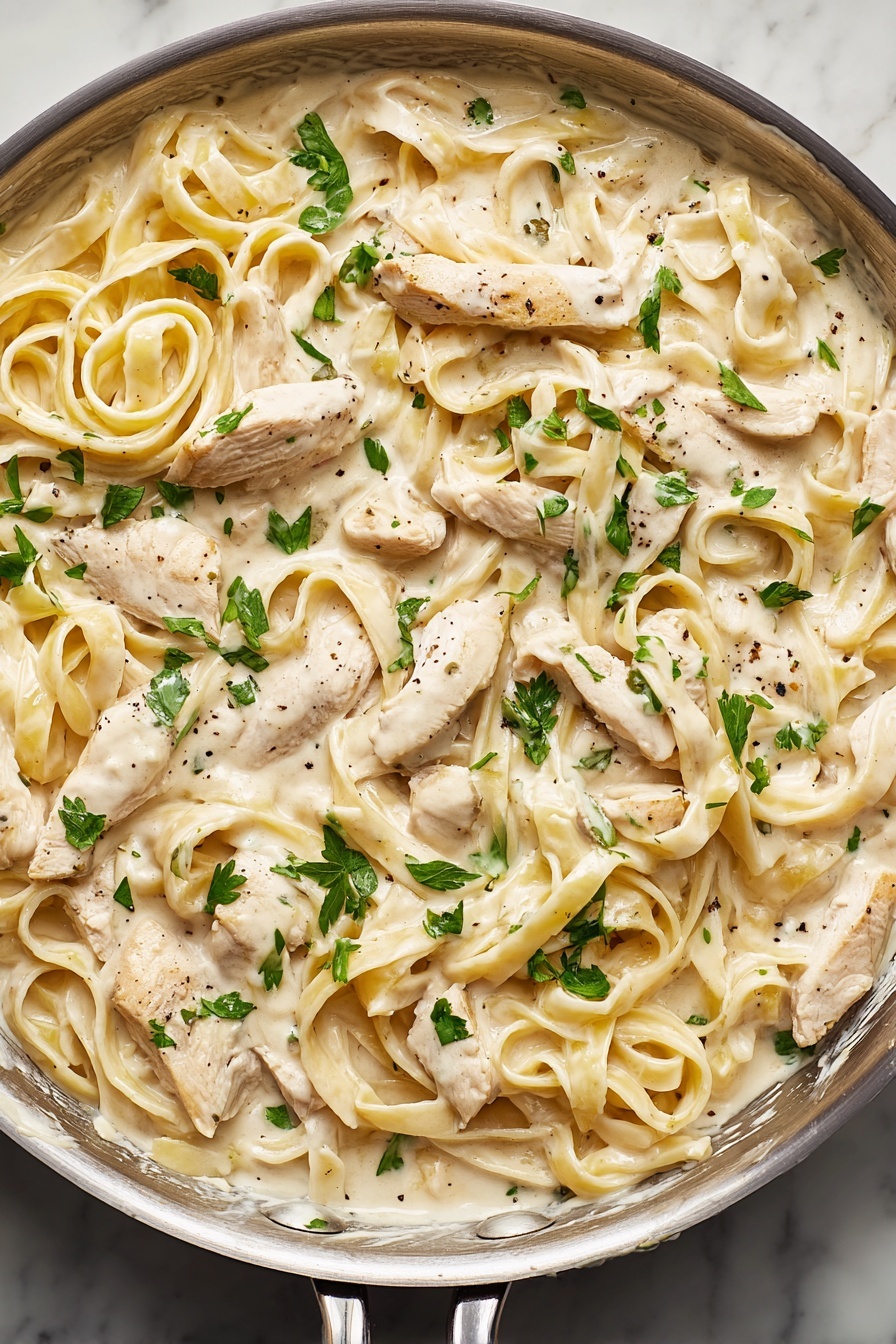 A close-up top view of a pan filled with creamy white sauce fettuccine pasta mixed with light-colored cooked chicken slices. The noodles are long and thick, tangled inside the sauce with smooth texture. The chicken pieces are scattered evenly on top, with a tender, slightly shiny surface. Small green parsley leaves are sprinkled over all, adding bright color contrast. The pan sits on a white marbled surface, showing a simple, clean background. photo taken with an iphone --ar 4:5 --v 7