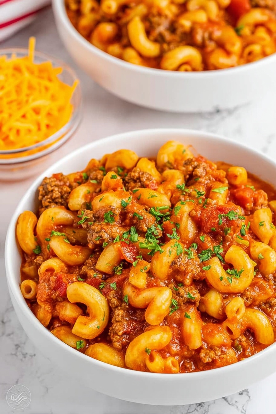 This close-up image shows a white bowl filled with macaroni pasta mixed with ground meat, small pieces of green bell peppers, and red tomato chunks, all coated in a rich, glossy, brownish-red sauce. The pasta is curly and soft, with the meat and vegetables evenly spread throughout. A wooden spoon is scooping the mixture, lifting some of the pasta and ingredients, showing the thick texture of the dish. The background is a white marbled surface. photo taken with an iphone --ar 4:5 --v 7