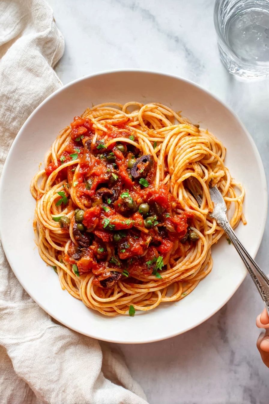 A white scalloped bowl filled with a neat nest of light orange spaghetti forming the bottom layer, topped with a chunky red tomato sauce mixed with small black olives and green herbs, garnished with fresh green parsley leaves on top. The bowl is placed on a white marbled surface with a light beige cloth on the left side and a clear glass of water on the right. photo taken with an iphone --ar 4:5 --v 7