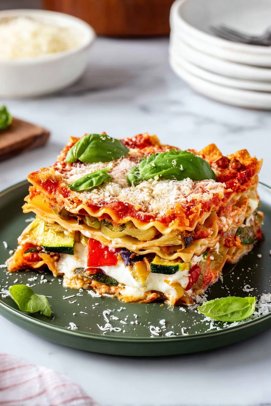 A square piece of lasagna sits on a white plate, showing four layers of wavy pasta sheets with a rich red tomato sauce on top. Inside the layers, there are visible green zucchini pieces, dark mushrooms, and white cheese, creating a mix of red, green, white, and brown colors. The top layer is golden and slightly crispy with melted cheese and is garnished with a couple of fresh green basil leaves. Some white cheese sprinkles are scattered around the plate. The plate rests on a white marbled surface with a blurred background of stacked white plates and a beige bowl with grated cheese. photo taken with an iphone --ar 4:5 --v 7