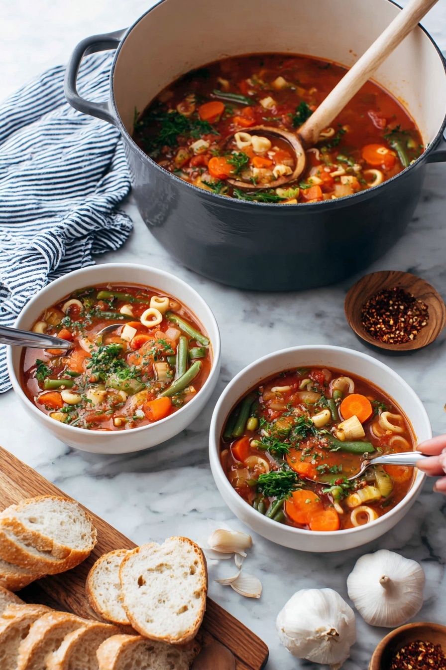 The image shows a thick vegetable soup with three layers of colors and textures: a red tomato-based broth with small diced tomatoes and green parsley bits at the bottom, a middle layer with bright orange carrot slices and white small pasta rings, and a top layer of green beans and white beans scattered throughout. The soup is served in a large dark gray metal pot with a shiny silver handle and in two white mugs, each with a spoon inside. Next to the soup, there is sliced bread with a toasted crust on a white marbled surface. Also visible are garlic bulbs, fresh green parsley, and small wooden bowls with spices on a wooden cutting board. A striped white and blue cloth is partly visible on the lower left. The photo is bright and clear, with natural daylight lighting. photo taken with an iphone --ar 4:5 --v 7