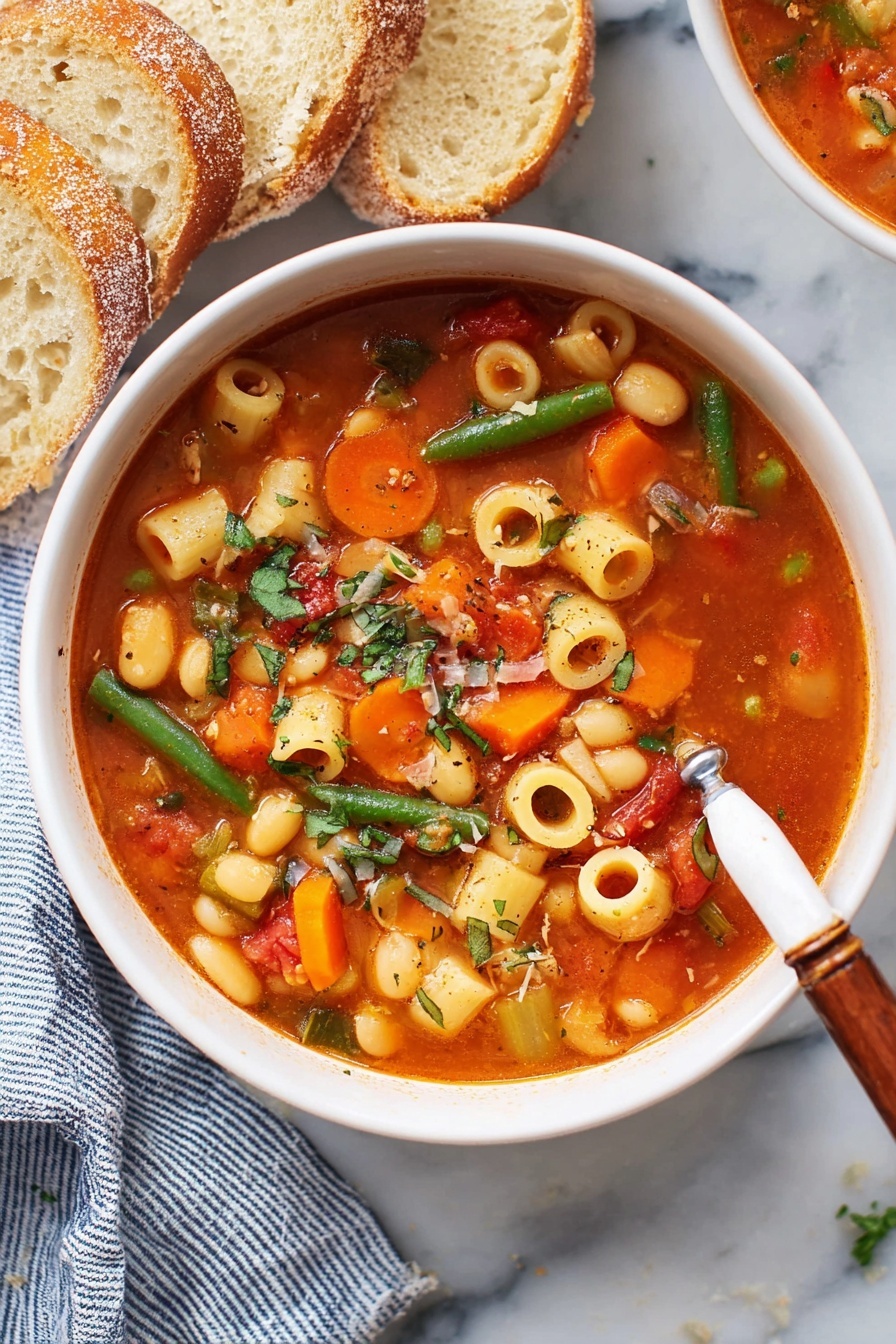A white bowl filled with a vibrant orange-red soup that has small round pasta rings, white beans, orange carrot slices, green beans, and some finely chopped herbs floating on top. The soup looks chunky with visible tomato pieces and bits of onion, giving it a rich texture. The bowl sits on a white marbled surface with slices of crusty bread to the side. A spoon with a wooden handle rests inside the bowl. A beige cloth with blue stripes is partly visible on the left side of the frame. Photo taken with an iphone --ar 4:5 --v 7