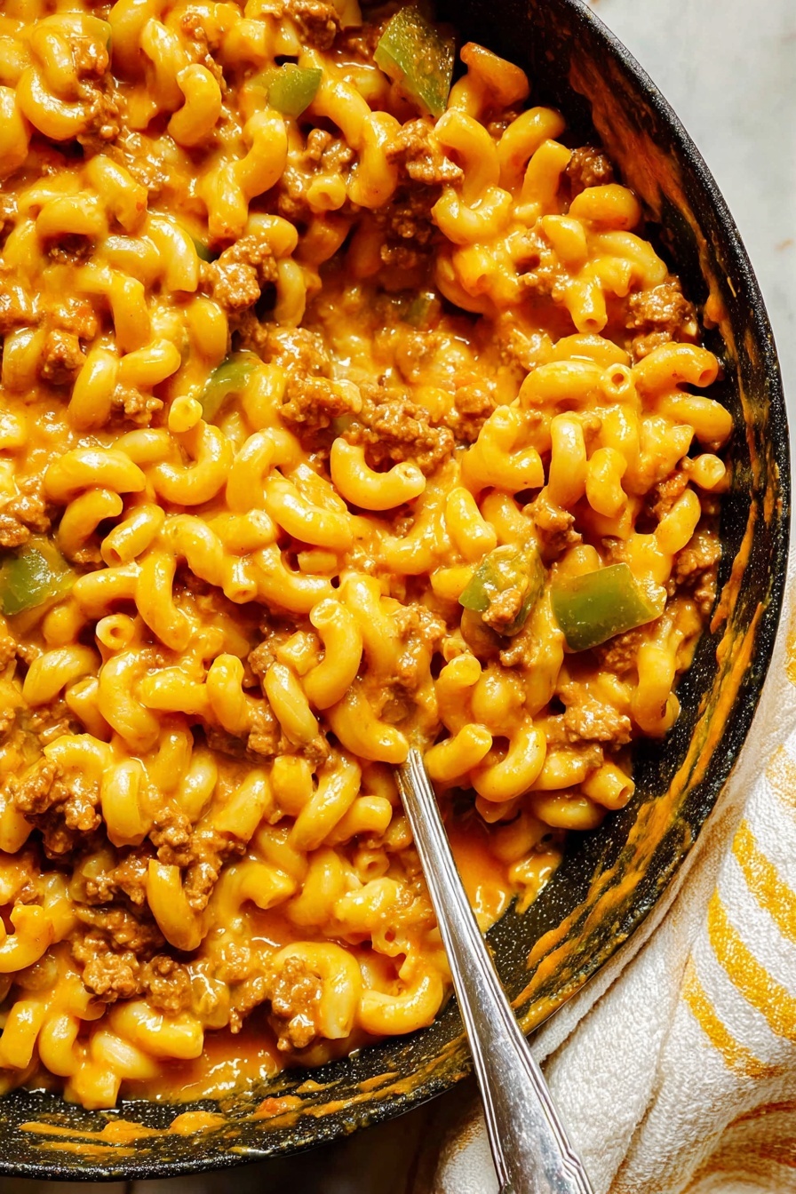 The image shows a close-up of a black pan filled with creamy macaroni and cheese mixed with browned ground meat and small pieces of green bell pepper. The macaroni is golden yellow and looks soft, coated in a smooth cheese sauce. The browned meat forms small, crumbly chunks scattered evenly through the pasta. A silver spoon rests inside the pan on the right side, partially submerged in the cheesy pasta. The pan is placed on a white marbled surface with a white and orange striped cloth nearby. Photo taken with an iphone --ar 4:5 --v 7