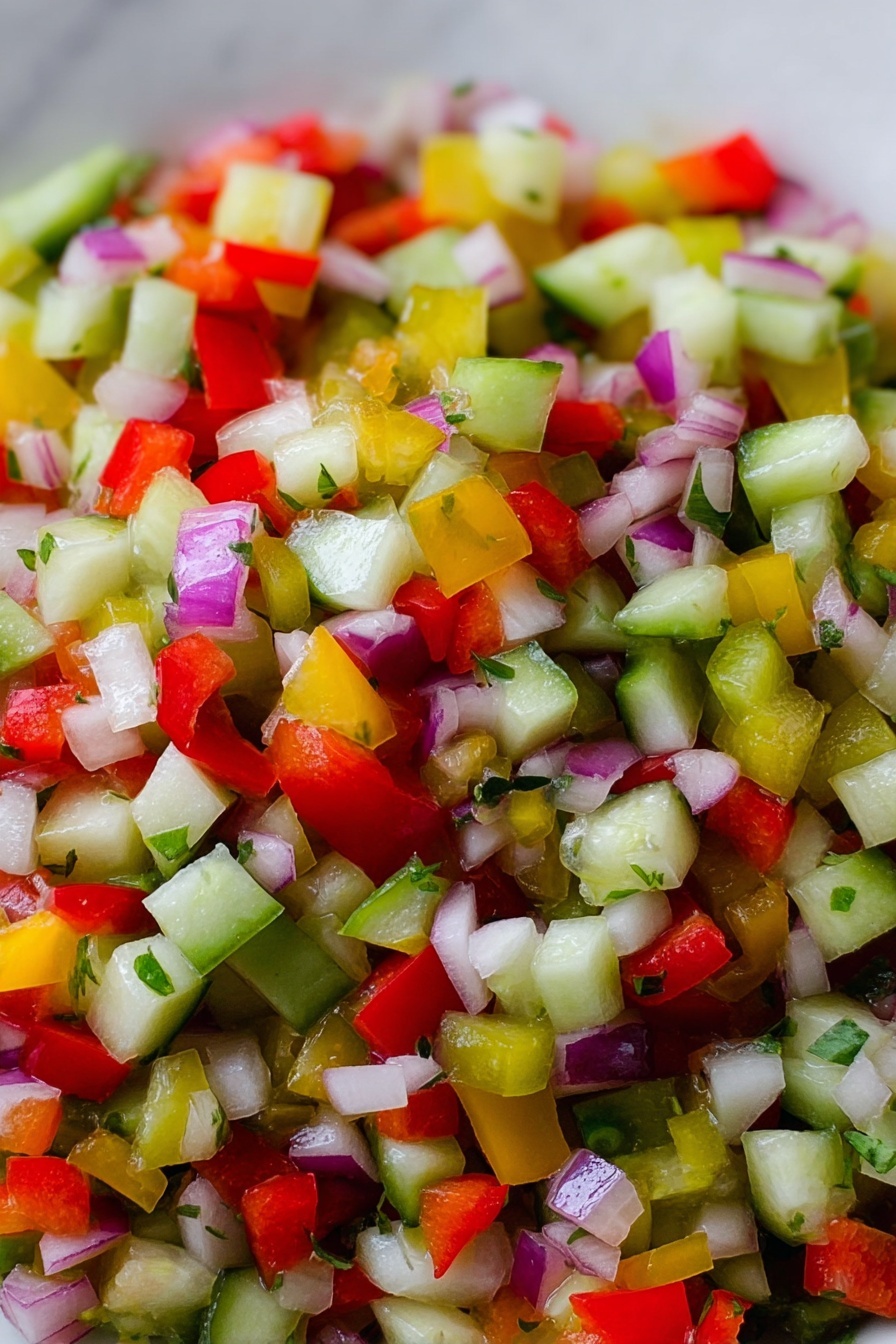 The image shows a close-up view of a colorful mix of finely chopped vegetables in small square pieces. The vegetables include bright red, green, yellow, and white chunks with some purple bits scattered throughout. The pieces look fresh and moist with a variety of smooth and slightly rough textures. The mix creates a vibrant, colorful pattern with a dense layering effect, filling the entire frame. photo taken with an iphone --ar 4:5 --v 7