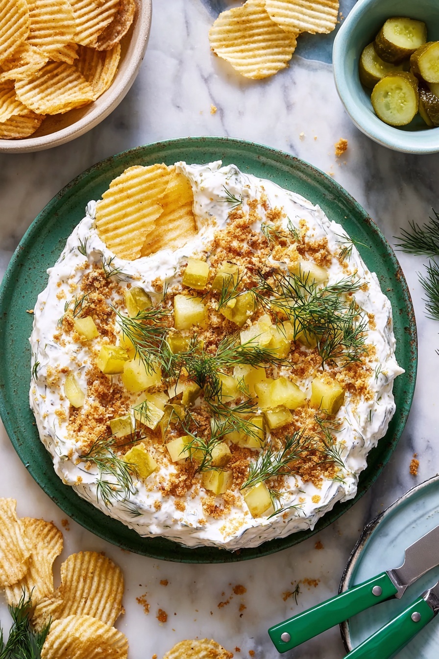 A round bowl filled with a creamy white dip as the base layer, topped with small chunks of light green pickles and scattered sprigs of fresh green dill. There is a sprinkle of golden brown crumbs across the top and a drizzle of light yellow oil adding shine. A crinkled ridged potato chip with some dip and pickle pieces is held by a woman's hand dipping into the bowl. Nearby, another white bowl holds more ridged potato chips, and a white plate with fresh green dill rests beside it. The background is a white marbled texture with some scattered potato chips and two dark green-handled utensils resting in front of the dip bowl. Photo taken with an iphone --ar 4:5 --v 7