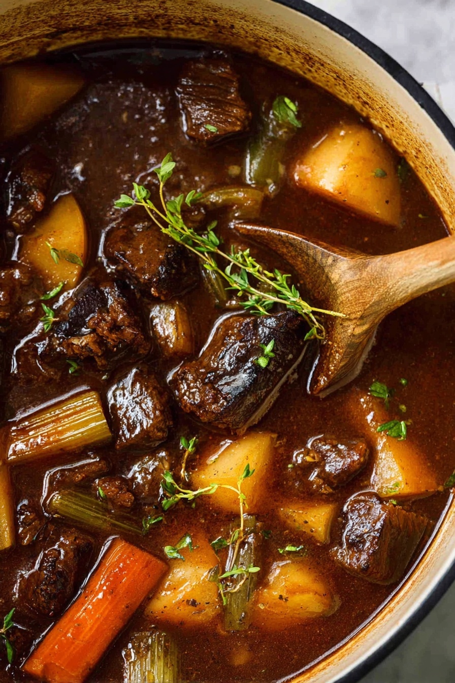 A close-up of a thick brown beef stew inside a white pot, filled with chunks of dark brown beef, orange carrot pieces, light green celery sticks, and small light brown potatoes, all mixed in a rich, glossy brown sauce. Fresh green thyme sprigs rest on top, adding a bright contrast. A wooden spoon is partly dipping into the stew from the right side. The photo is taken on a white marbled surface. Photo taken with an iphone --ar 4:5 --v 7