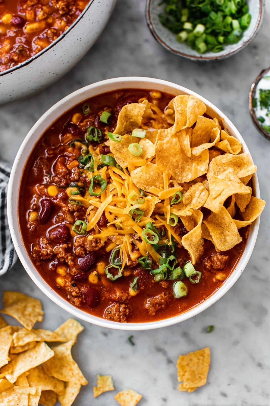 A white bowl filled with a rich, dark red chili base containing visible beans, corn kernels, and small meat chunks. On top, there are orange shredded cheddar cheese pieces scattered around the edges. The center is garnished with crunchy, pale yellow tortilla strips layered neatly and topped with fresh, chopped green onions, adding a pop of green color. The bowl sits on a white marbled surface with a side bowl of tortilla chips nearby. Photo taken with an iphone --ar 4:5 --v 7