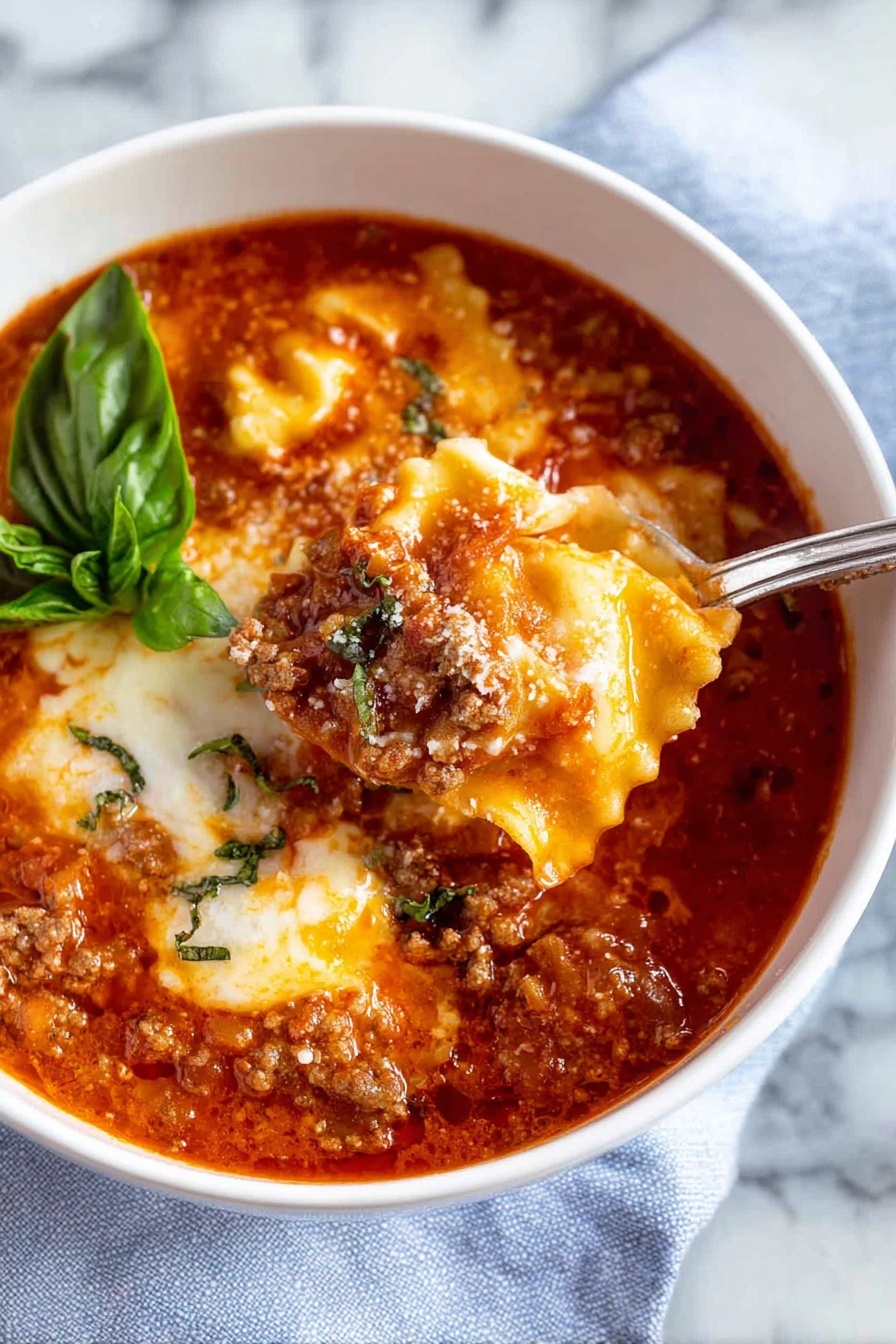 A white bowl filled with rich red-orange soup that has visible bits of meat and wavy pasta floating in it. In the center, there is a dollop of white creamy cheese topped with two fresh green basil leaves. A silver spoon rests inside the bowl, with its handle leaning on the edge. The bowl sits on a white marbled surface with a soft cloth nearby. photo taken with an iphone --ar 4:5 --v 7