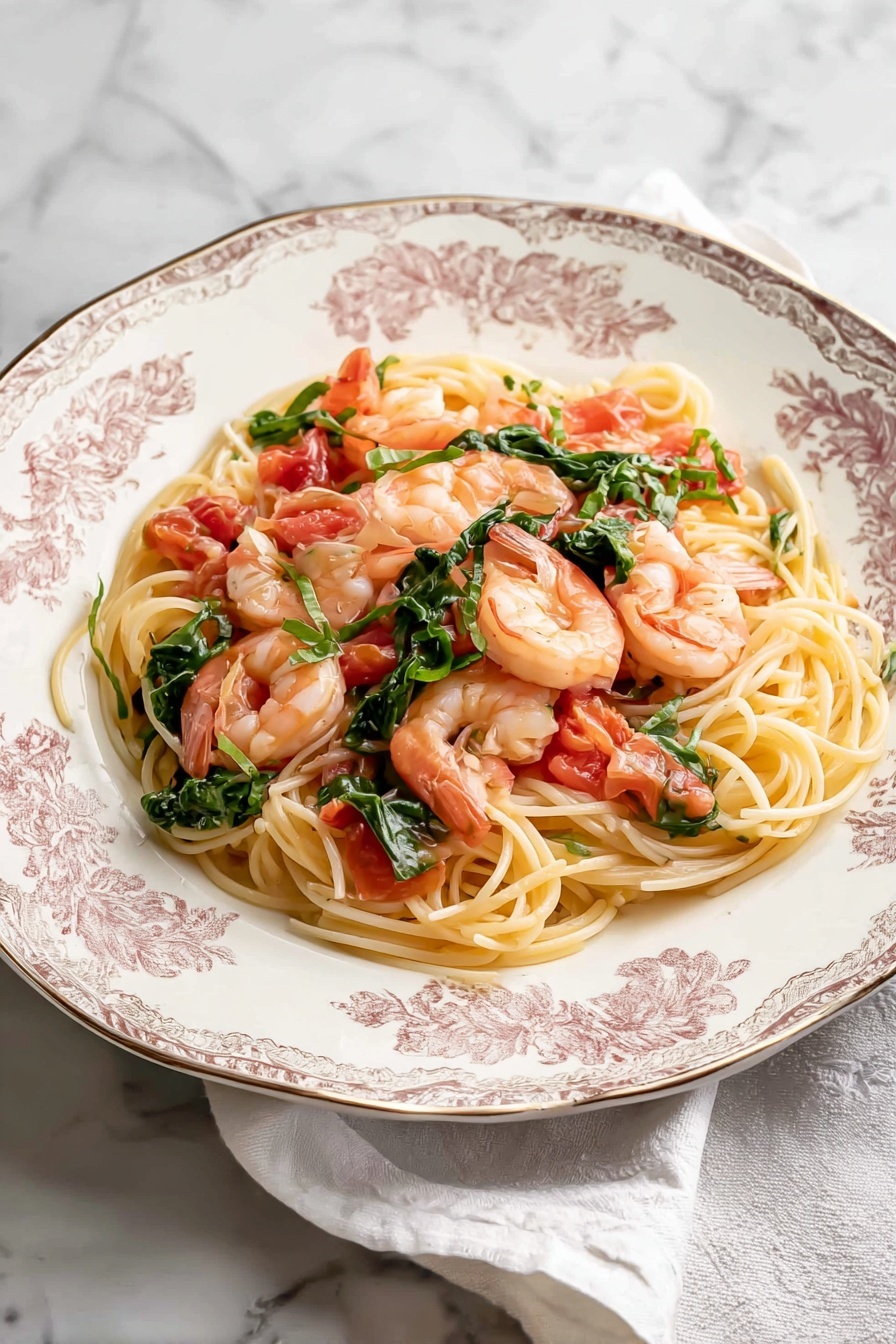 A white plate with floral patterns around the edge holds a single layer of light yellow spaghetti noodles. On top, there are five pink shrimp placed evenly around the pasta. Small pieces of red tomato and green spinach leaves are scattered across the noodles and shrimp. The plate is on a white marbled surface with part of a white cloth visible in the top right corner. photo taken with an iphone --ar 4:5 --v 7