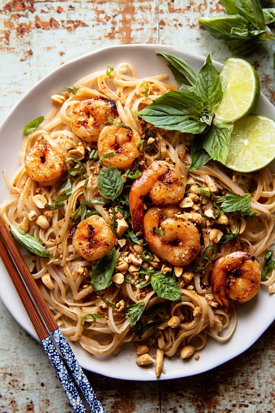 A white plate is filled with a layered dish starting with flat, light tan noodles at the bottom, topped with several orange cooked shrimp that have a slightly charred texture. Scattered on top are crushed light beige nuts, fresh bright green basil leaves, and thin green herbs. Two lime wedges with bright green skin and pale green insides are placed on the plate's edge. A pair of chopsticks with brown tips and blue patterned handles rests on the left side of the plate. The whole scene is set on a white marbled surface, with some loose basil leaves near the plate. Photo taken with an iphone --ar 4:5 --v 7