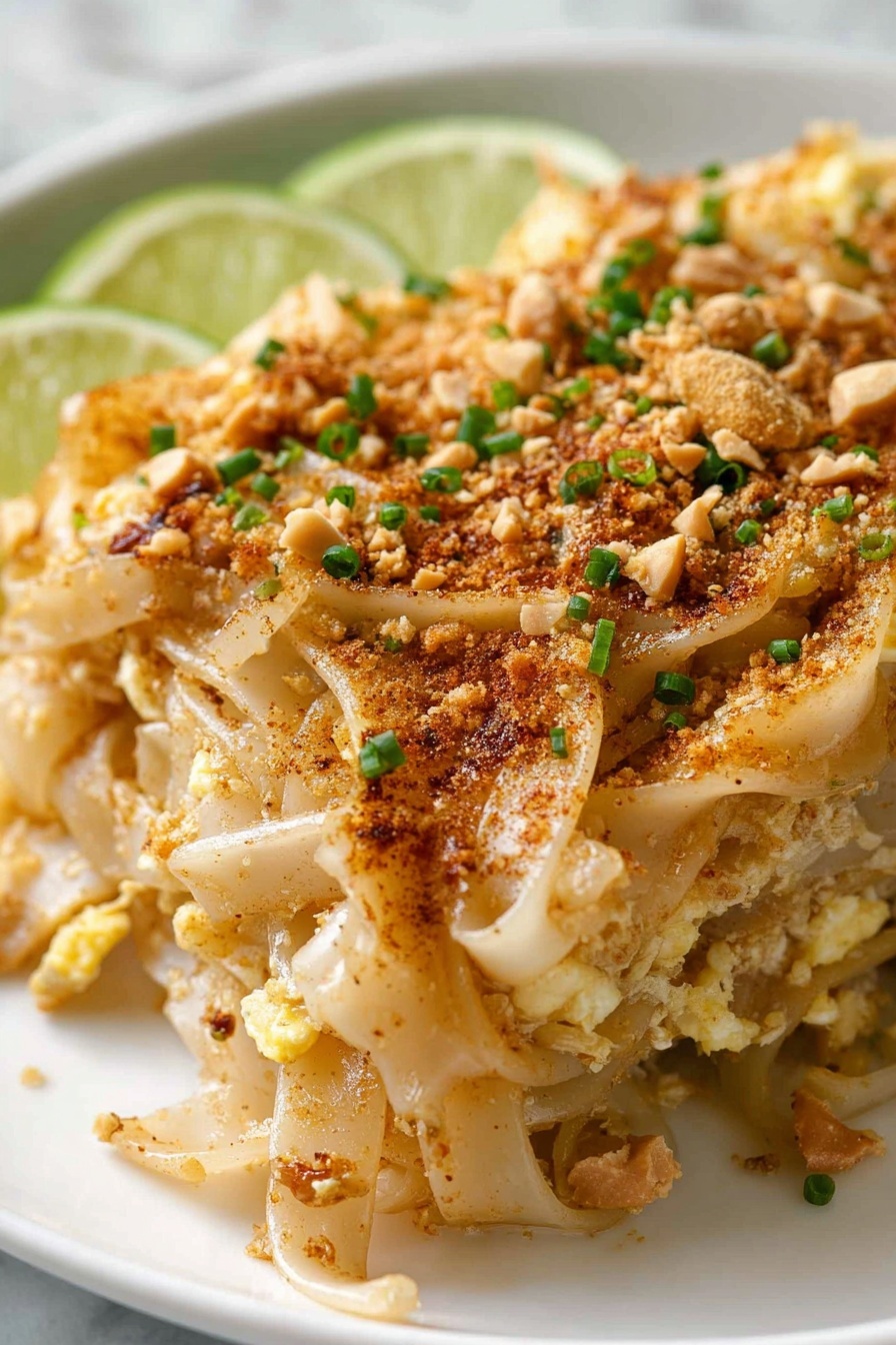 The image shows a close-up of a plate with cooked flat rice noodles that are light tan in color and slightly glossy from sauce, mixed with small pieces of scrambled egg that are pale yellow and soft in texture. Scattered on top are small bits of crushed peanuts and a light sprinkling of red chili flakes adding a pop of reddish color. Thin green vegetable strips are mixed throughout the noodles, adding some contrast. In the background, there are blurred slices of lime with bright green skin, hinting at freshness. The plate rests on a white marbled surface. photo taken with an iphone --ar 4:5 --v 7