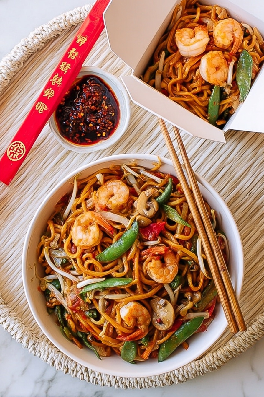 A white takeout box filled with stir-fried noodles forms the base layer, with thick yellow noodles mixed evenly throughout. On top sit three cooked shrimp in a light orange color, and visible chunky vegetables including a green snap pea, a brown mushroom, and a light tan bamboo shoot strip. To the left of the box is a small white dish of red chili sauce with dark seeds and bits. Below the box is a large white plate holding more stir-fried noodles with shrimp, carrot strips, green beans, and other vegetables. The scene is set on a white marbled surface with a light-colored cloth nearby. photo taken with an iphone --ar 4:5 --v 7