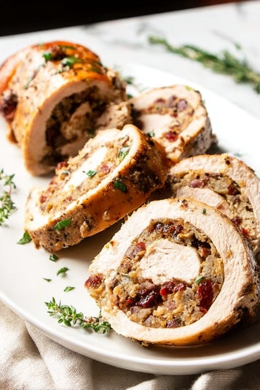 A white plate holds several thick slices of rolled meat stuffed with a filling that is a mix of finely chopped ingredients in brown and red tones, possibly dried fruit and herbs. The outer layer of the roll is light brown with a slightly crispy texture and small green herb sprinkles on top. The main piece is laid horizontally with some slices placed near it, showing the round filling inside. The plate rests on a white marbled surface, and soft natural light highlights the textures and colors. Photo taken with an iphone --ar 4:5 --v 7