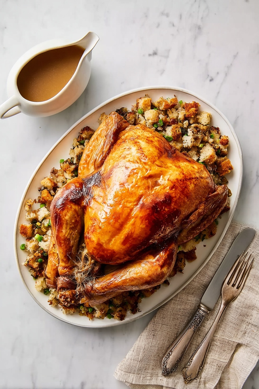 A whole golden brown roasted chicken sits in the center of a white oval plate. The chicken skin is shiny and crisp, with a rich amber color, and it rests on a bed of chunky stuffing made of small bread pieces, green herbs, and bits of vegetables, with varied textures and mix of brown, green, and light beige colors. To the left of the plate, there is a white gravy boat filled with smooth brown gravy. To the right, a silver knife and fork lay on a light gray cloth napkin. The whole scene is set on a white marbled textured surface. photo taken with an iphone --ar 4:5 --v 7