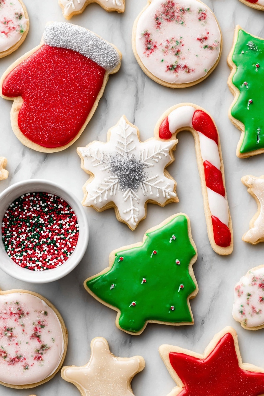The image shows a variety of Christmas-themed sugar cookies on a white marbled surface. There are green Christmas tree-shaped cookies with small white dot decorations, white snowflake-shaped cookies with sparkling sugar on top, and round cookies decorated to look like pink Christmas ornaments with light sugar sprinkles. Red mitten-shaped cookies have a red glossy top part and a white sugar-coated cuff. Candy cane-shaped cookies are covered in smooth red icing with white sprinkle decorations. Some plain star-shaped cookies without icing are also visible. A small white bowl filled with red, green, and white sprinkles sits near the cookies. The overall scene is bright and colorful, festive with clear, smooth layers of icing on each cookie. photo taken with an iphone --ar 4:5 --v 7