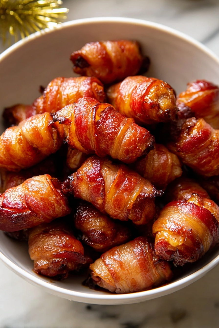 A close-up view of a white bowl filled with about twenty small appetizers, each is a sausage wrapped tightly in shiny, cooked bacon. The bacon is golden brown with some darker crispy spots, showing a slightly oily texture. The sausages peek out at the ends, with a light pinkish color. The bowl's edges have a few small dark speckles, and it sits on a wooden surface partially visible at the bottom. photo taken with an iphone --ar 4:5 --v 7
