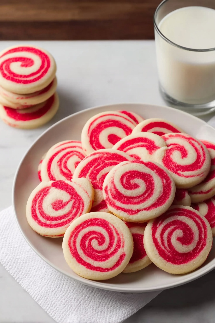 The image shows a wooden chopping board with a roll-shaped white dough that has bright red and white spiral patterns inside. Several thin slices have been cut from the roll, showing the spiral layers clearly with alternating red and white lines. A large knife with a black handle lies on the board above the dough roll, reflecting some light. The background is a white marbled texture photo taken with an iphone --ar 4:5 --v 7
