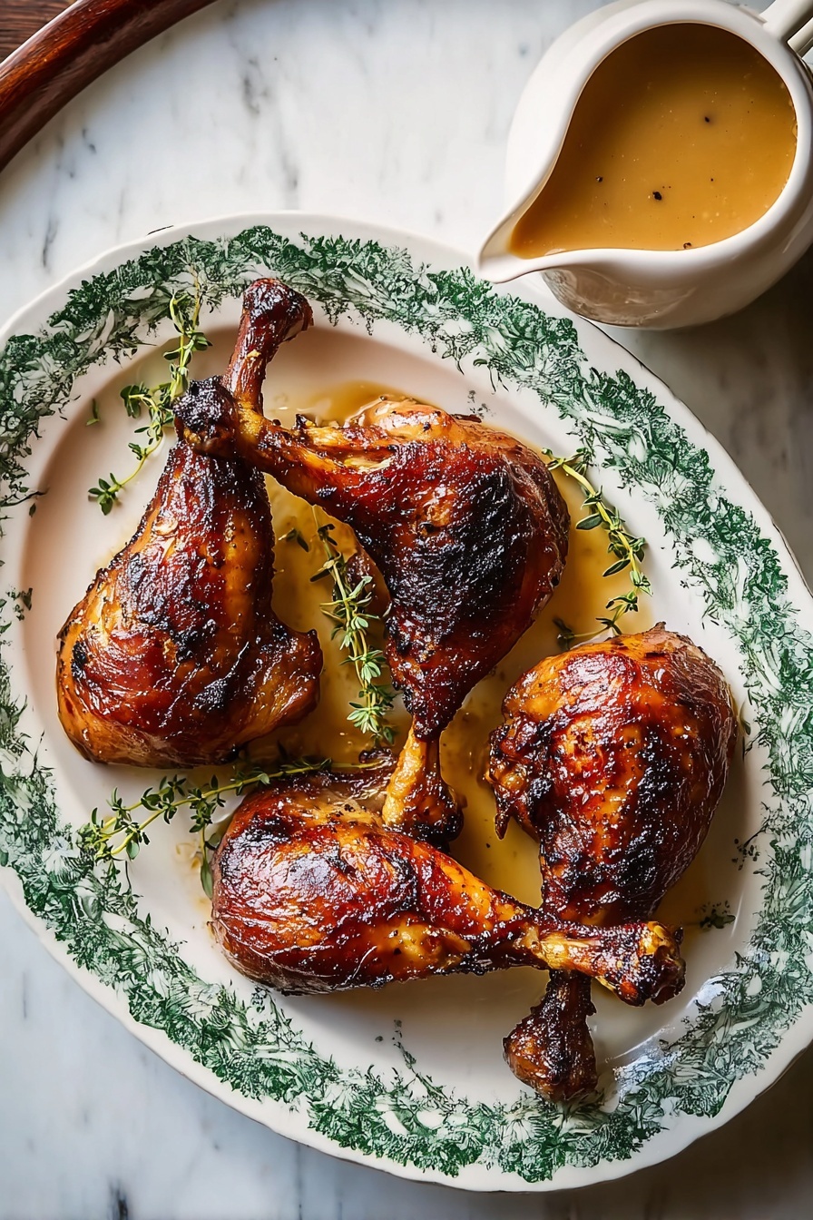On a white oval plate with a blue floral border, there are four roasted duck legs placed evenly across the plate, each showing dark, crispy skin with a rich brown color and slight charring. Small green thyme sprigs are scattered underneath and between the duck legs, adding a touch of fresh green. To the right side of the plate, there is a white gravy boat filled with smooth, light brown sauce. The plate is set on a white marbled surface. Photo taken with an iphone --ar 4:5 --v 7