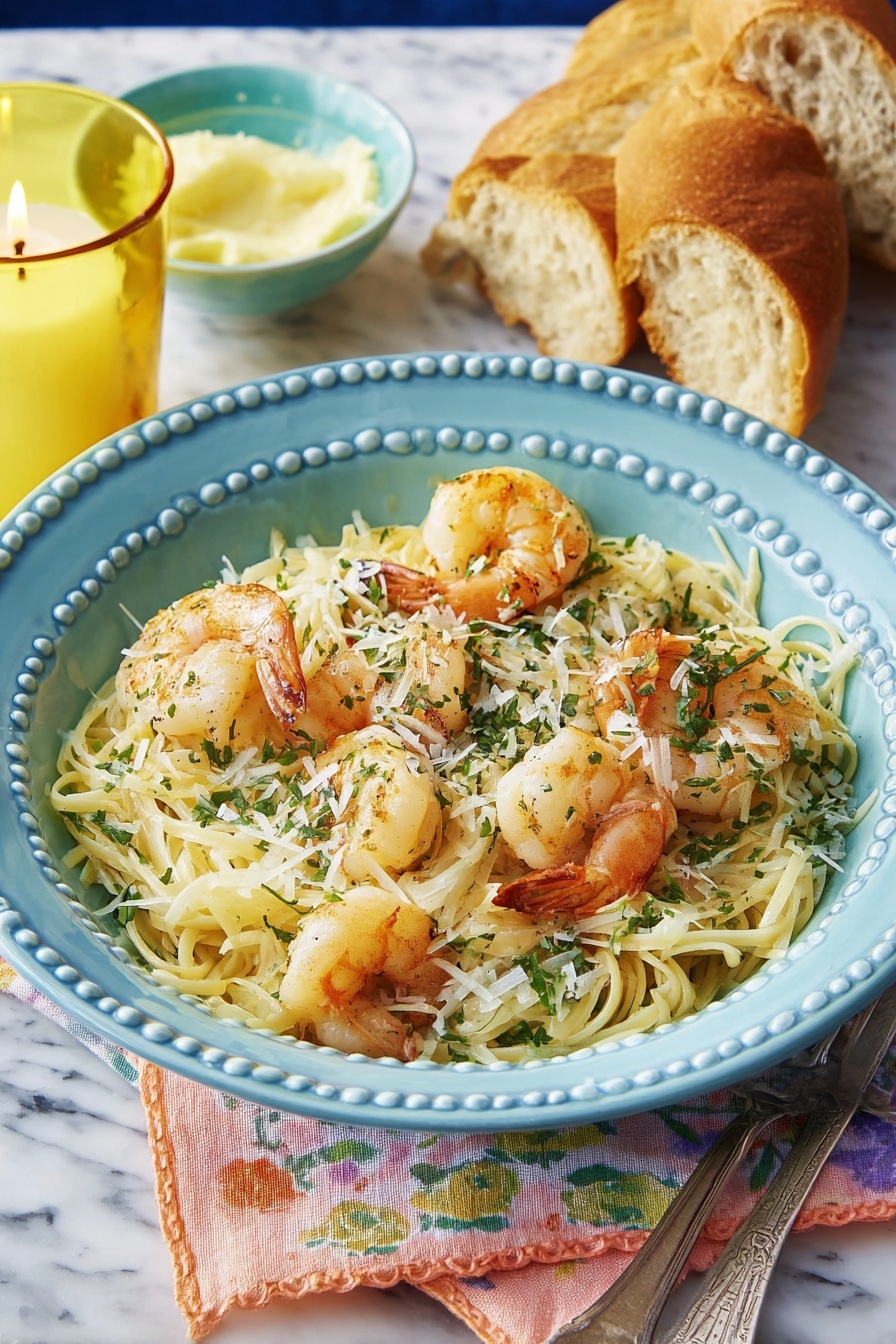 A black pan filled with cooked thin pasta as the base layer, topped with several pink shrimp arranged around the noodles. Over the pasta and shrimp, there is a light sprinkling of white shredded cheese and fresh green chopped herbs scattered evenly. A woman's hand is gently sprinkling some herbs from above on the pasta. The pan sits on a white marbled surface, and a metal slotted spoon rests on the right edge of the pan. Photo taken with an iphone --ar 4:5 --v 7