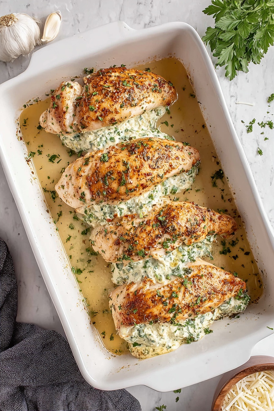The dish shows a white plate on a white marbled surface with a grilled chicken breast filled with a creamy green and white spinach mixture. The chicken is golden brown with herbs on top and has been sliced to show the creamy filling inside. On one side of the plate, there is a fresh salad with dark green spinach leaves, light green lettuce, bright red halved cherry tomatoes, and thin slices of purple onion, all lightly dressed with a shine of oil. A silver fork is holding a piece of the filled chicken, and a silver knife rests on a blue cloth napkin next to the plate. photo taken with an iphone --ar 4:5 --v 7