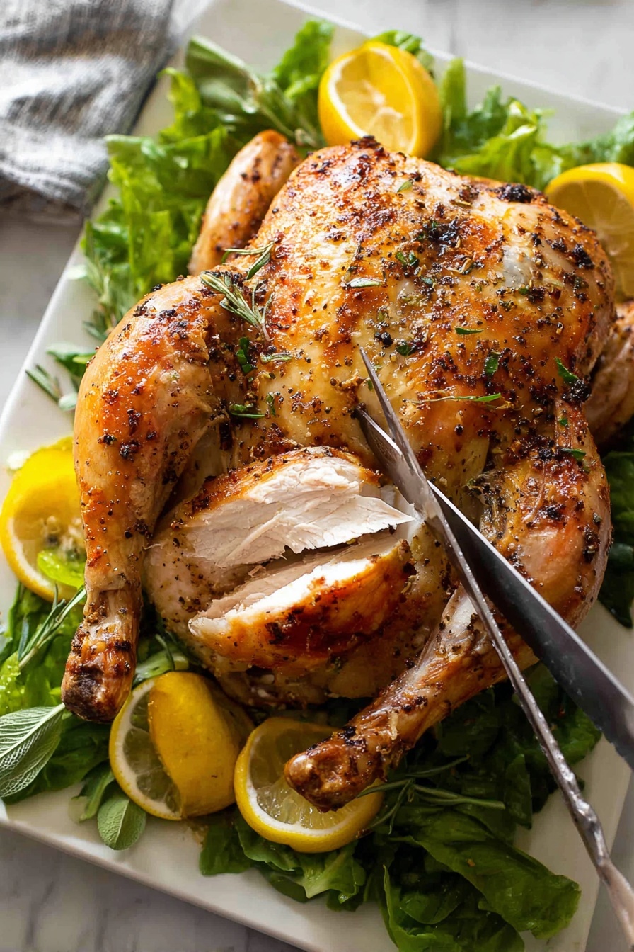 A whole roasted chicken with golden-brown, slightly crispy skin seasoned with herbs is placed in the center of a white rectangular plate. It is lying on a bed of green leafy vegetables, mainly lettuce, with several lemon halves and slices scattered around the chicken. A woman's hand holding a knife is slicing a thick piece of the chicken breast on the right side of the image. The background is a white marbled surface. Photo taken with an iphone --ar 4:5 --v 7