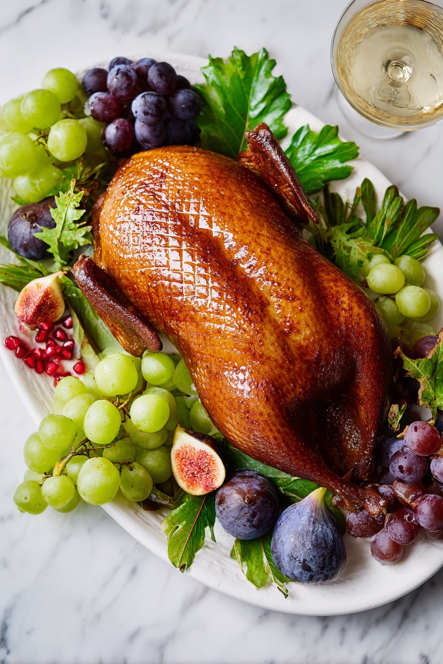 The image shows a whole roasted bird with a deep golden-brown, crispy skin featuring a diamond pattern from scoring on top. It rests centered on a white oval plate surrounded by dark green leafy herbs. Around the bird, there are clusters of green and dark purple grapes, halved figs with soft pink inside, and bright red pomegranate seeds in small piles. The plate sits on a white marbled surface. The colors contrast well, making the roasted bird the main focus with the fresh fruit and herbs adding color and texture. photo taken with an iphone --ar 4:5 --v 7
