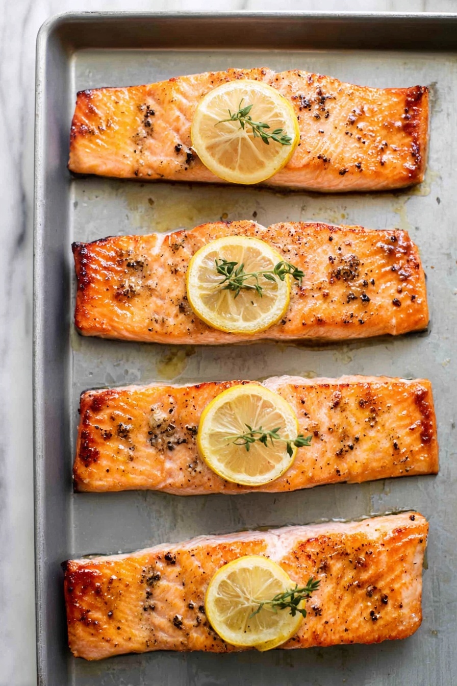 Four grilled salmon fillets are arranged in a vertical line on a baking tray above a white marbled surface. Each fillet is a rich orange color with a slightly charred and speckled texture from seasoning, and they each have a thin lemon slice topped with small green herb leaves placed near the middle. The salmon has a firm look with darkened edges from cooking. The tray’s light metallic color contrasts softly with the white marbled background. photo taken with an iphone --ar 4:5 --v 7