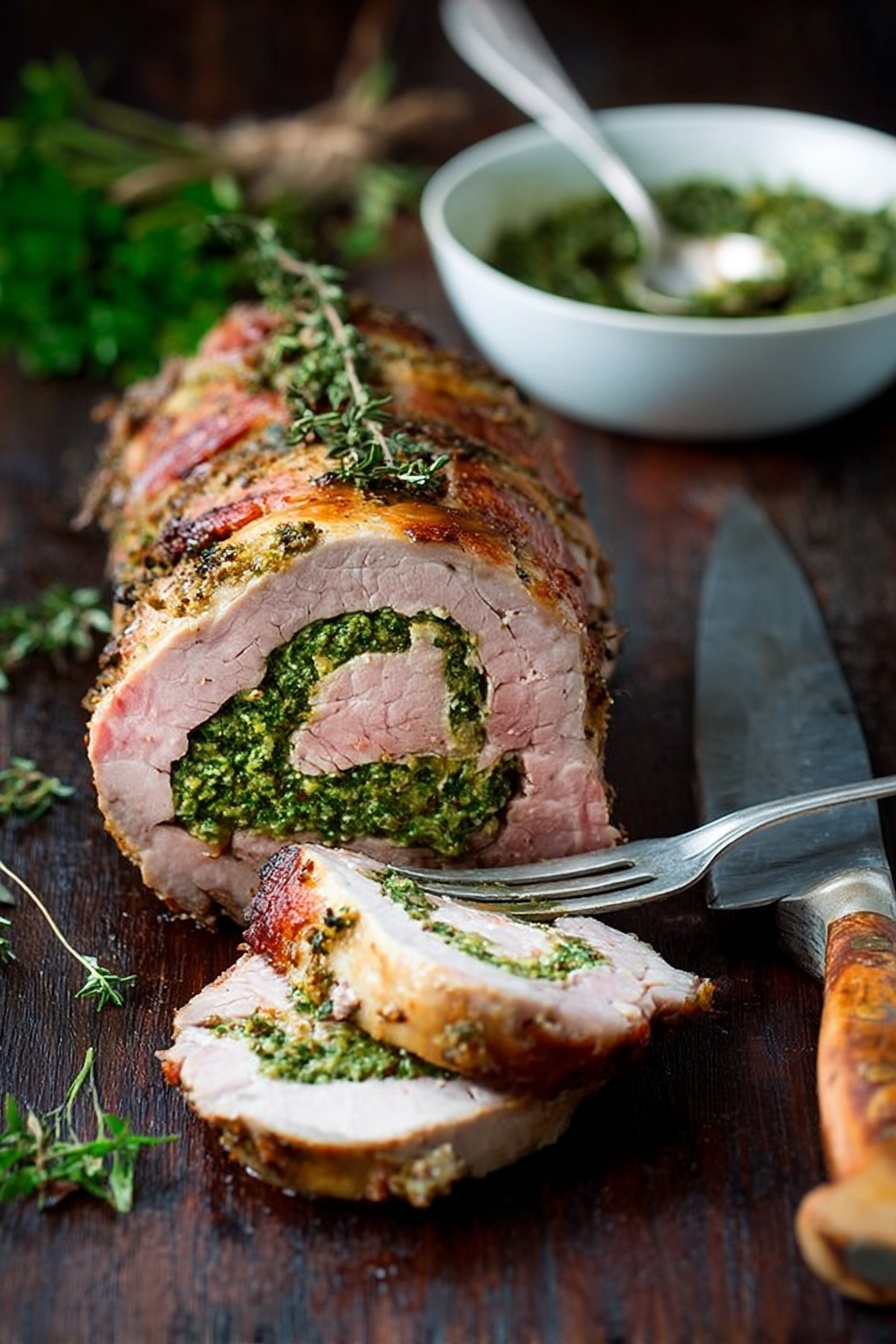 The image shows a sliced piece of tender cooked meat with a pink center and a green herb paste layer inside, visible in each slice. The meat is on a dark wooden surface with a fork holding one slice in the front. Behind the meat, there is a white bowl filled with green herb sauce with a spoon in it. The overall colors are warm with the beef pink and herb green sharply contrasting against the wooden texture. photo taken with an iphone --ar 4:5 --v 7