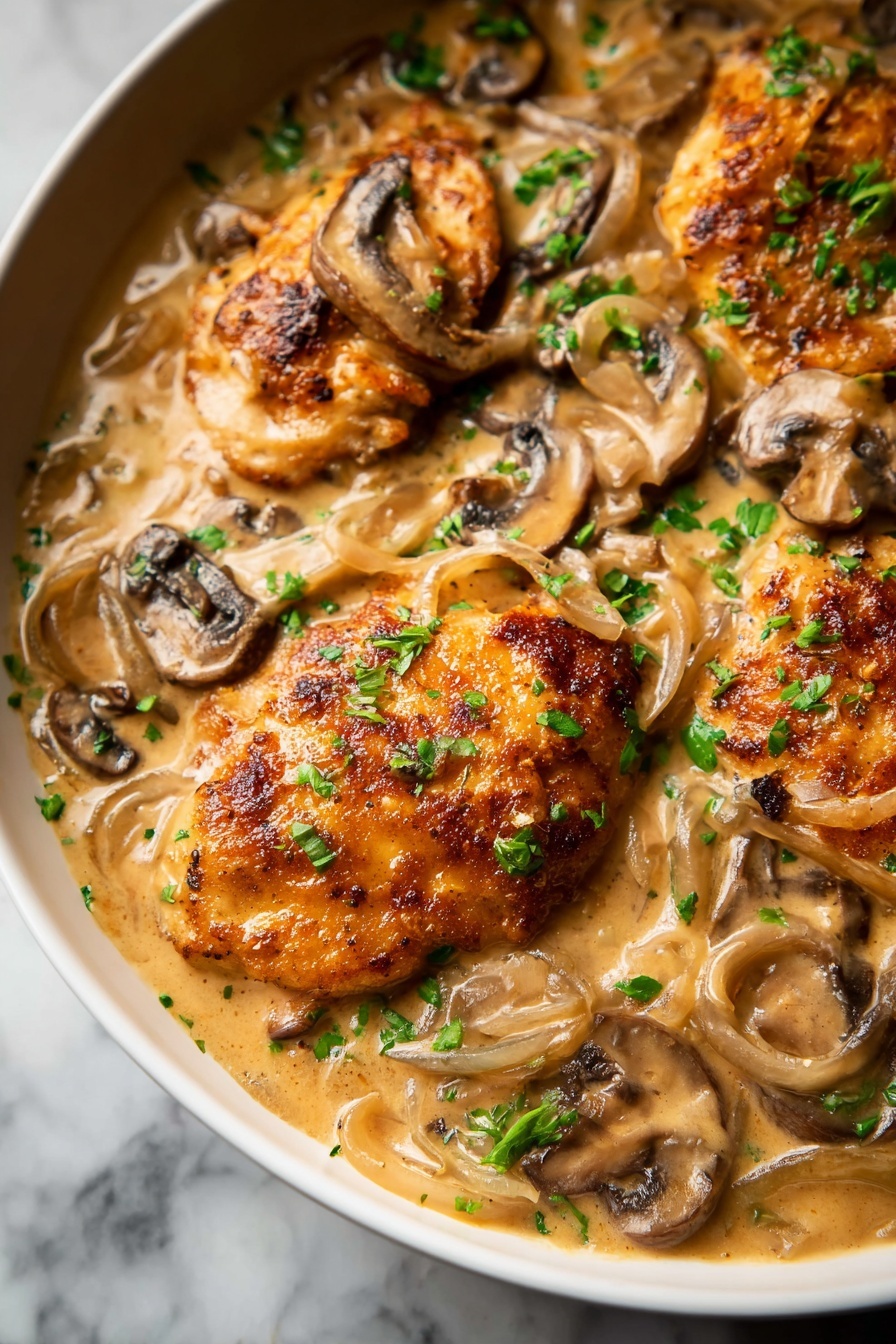 The image shows a close-up of golden brown cooked chicken pieces in a creamy light tan sauce. The dish has at least two main layers: the chicken which is crispy and browned with a slightly rough texture, and the creamy sauce filled with soft, sliced brown mushrooms and pale yellow onion rings around the chicken. The dish is garnished with small green parsley leaves scattered over the top, adding a fresh color contrast. The food sits in a white bowl on a white marbled surface. Photo taken with an iphone --ar 4:5 --v 7
