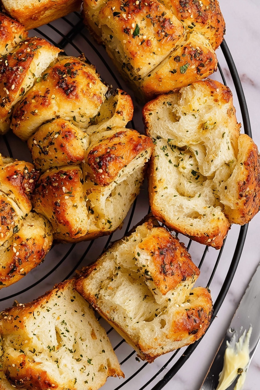 The image shows a close-up of golden-brown, flaky bread rolls placed on a round black cooling rack. Each roll has a rough, layered texture with specks of dried herbs scattered on the surface. The rolls are irregular in shape but mostly rounded, with visible crispy edges and softer, lighter inner layers. The cooling rack sits on a white marbled surface, and a silver butter knife with a slightly worn handle is placed nearby. The lighting highlights the bread’s crusty, textured surface, giving the rolls a fresh, warm look photo taken with an iphone --ar 4:5 --v 7