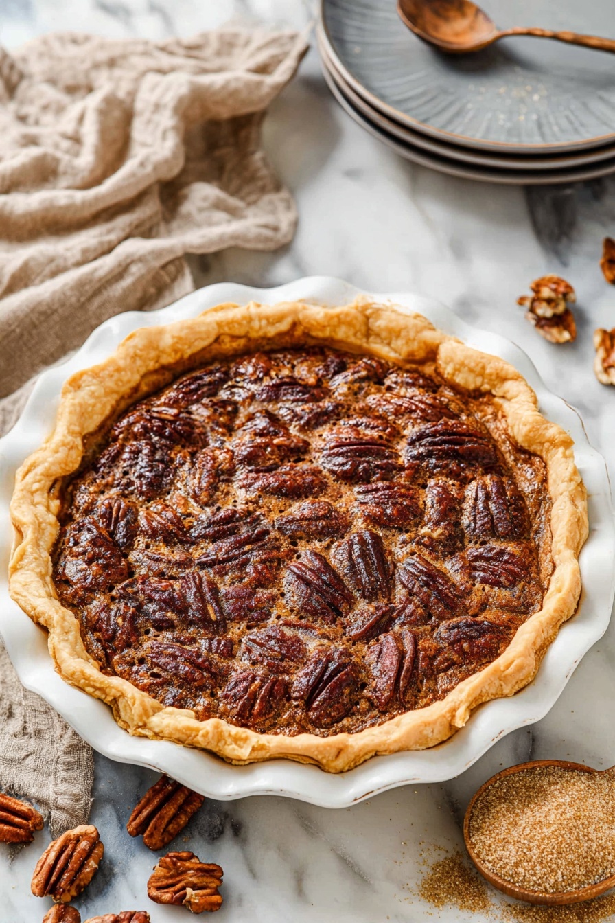 A slice of pecan pie is shown lifted on a black pie server above a white pie dish. The pie has three visible layers: a bottom light golden flaky crust with a crumbly texture, a thick middle layer of gooey caramel-colored filling, and a top layer covered with glossy whole pecans that are deeply brown and textured. The pie crust edges are crimped with a slightly uneven golden color. The background is a white marbled surface with scattered crumbs and a few loose pecans blurred softly. Photo taken with an iphone --ar 4:5 --v 7